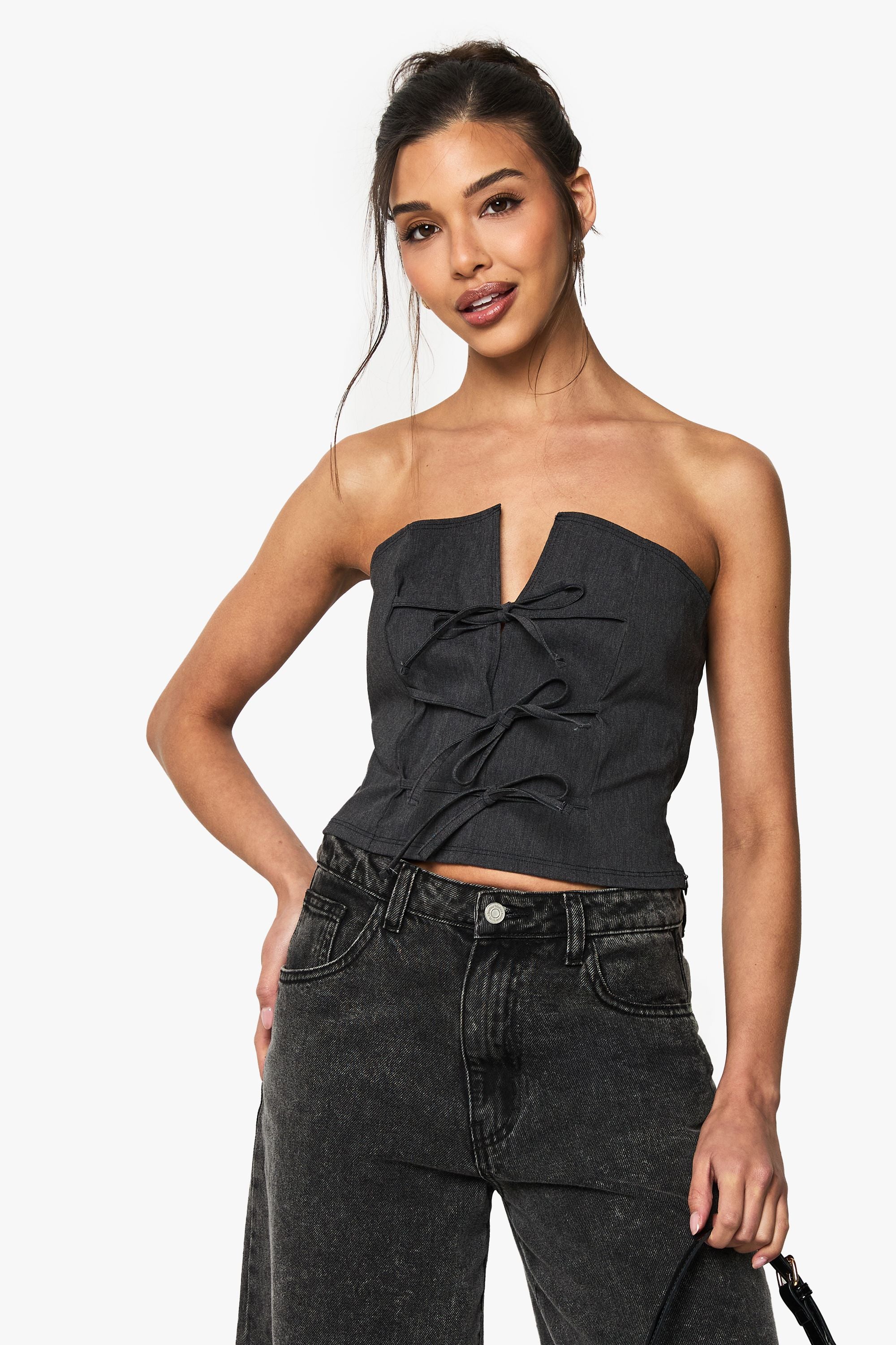 Marl Bengaline Tie Front Detail Bandeau Top