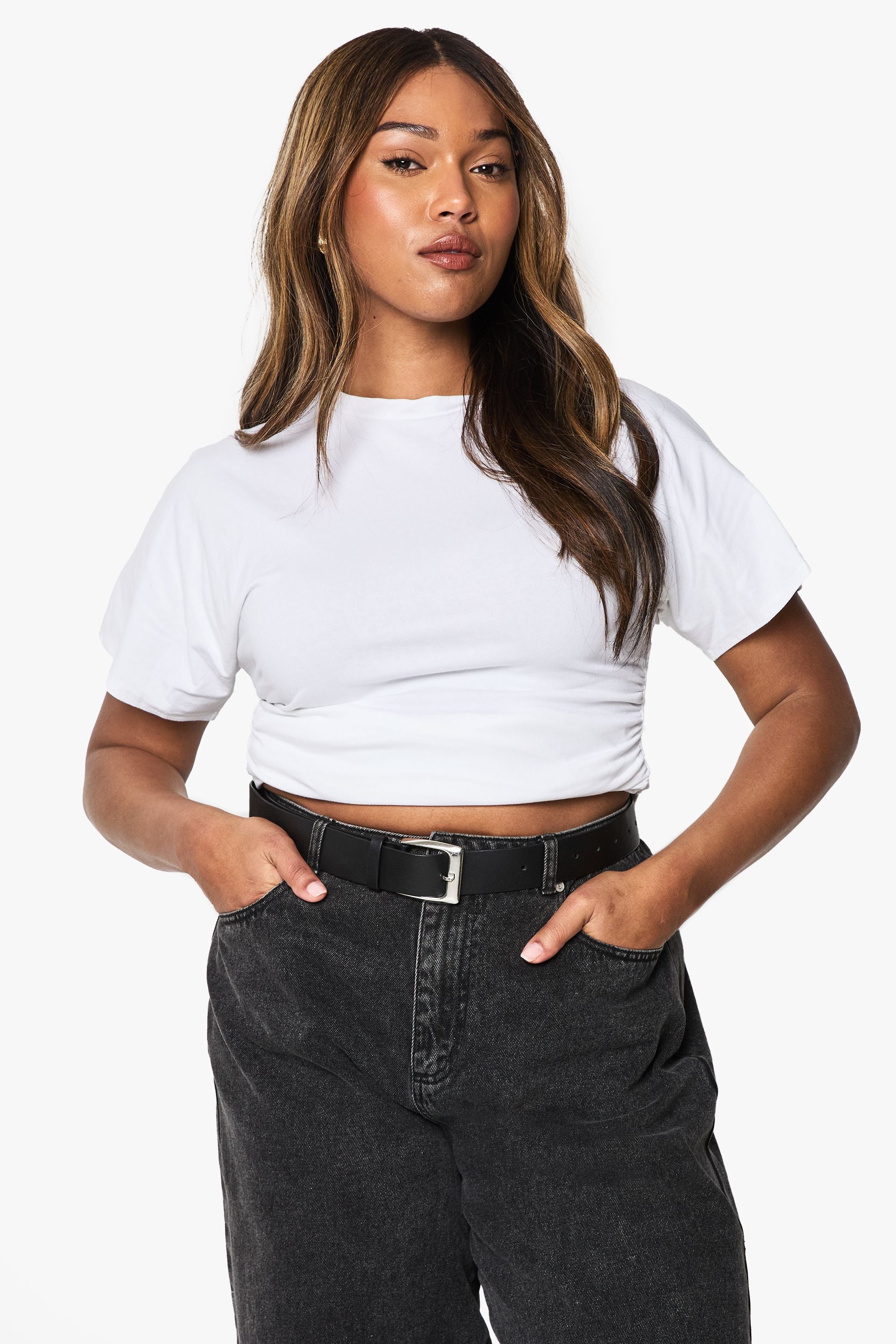 Plus Short Sleeve Cinched Waist Cotton Top