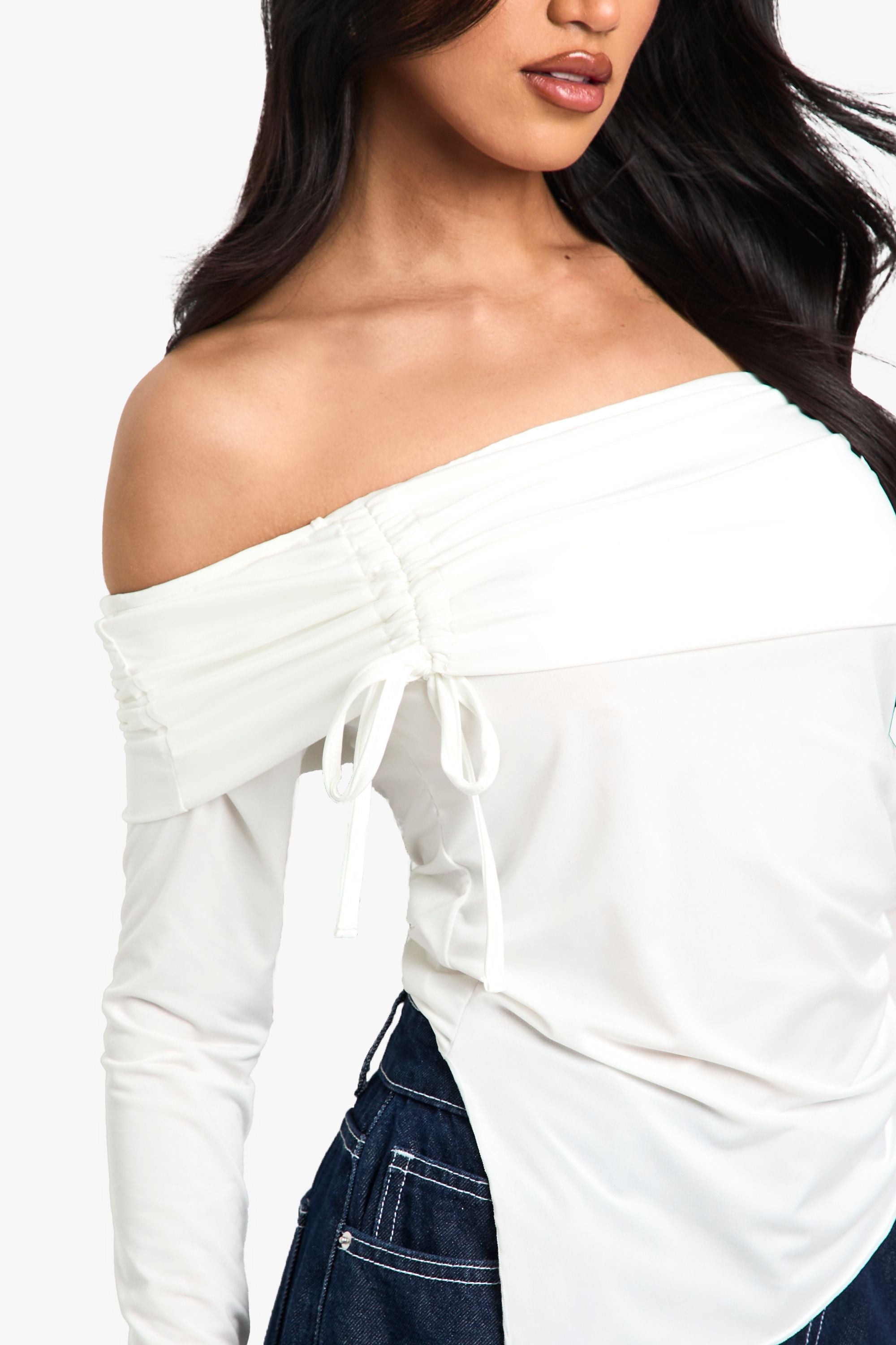 Slinky Bardot Ruched Front Long Sleeve Top