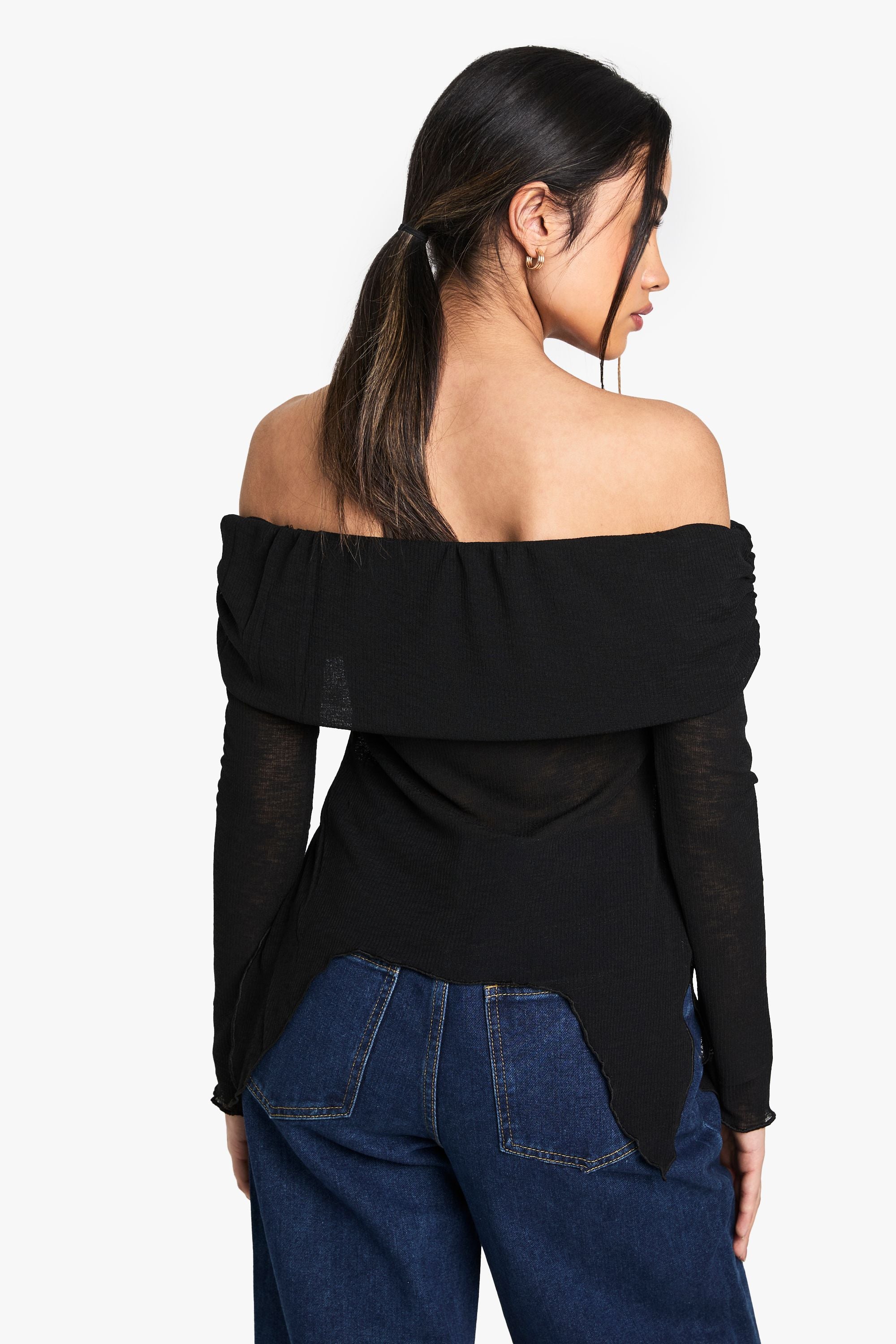 Sheer Mesh Bardot Top with Drape Detail