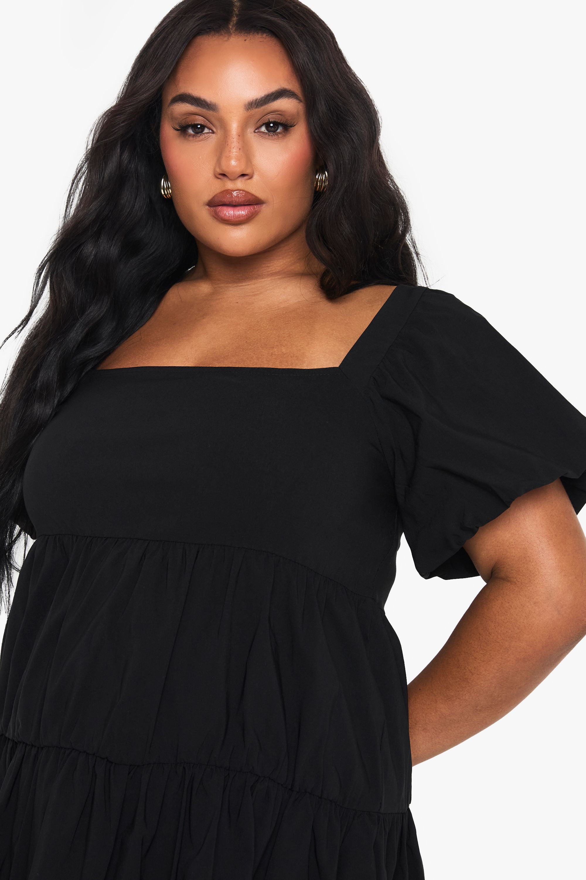 Plus Extreme Puff Sleeve Tiered Smock Dress