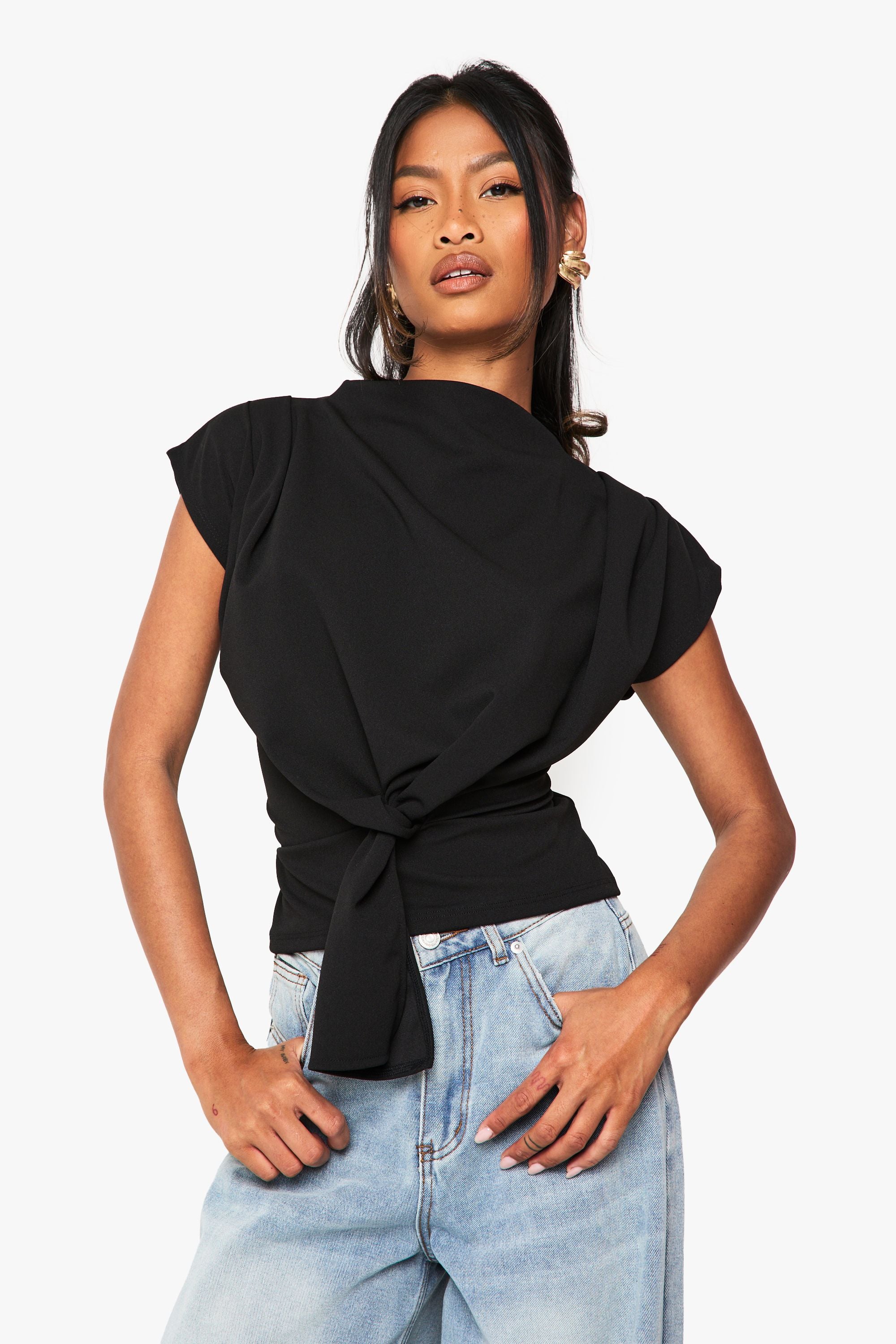 Crepe Knot Cowl Neck Blouse