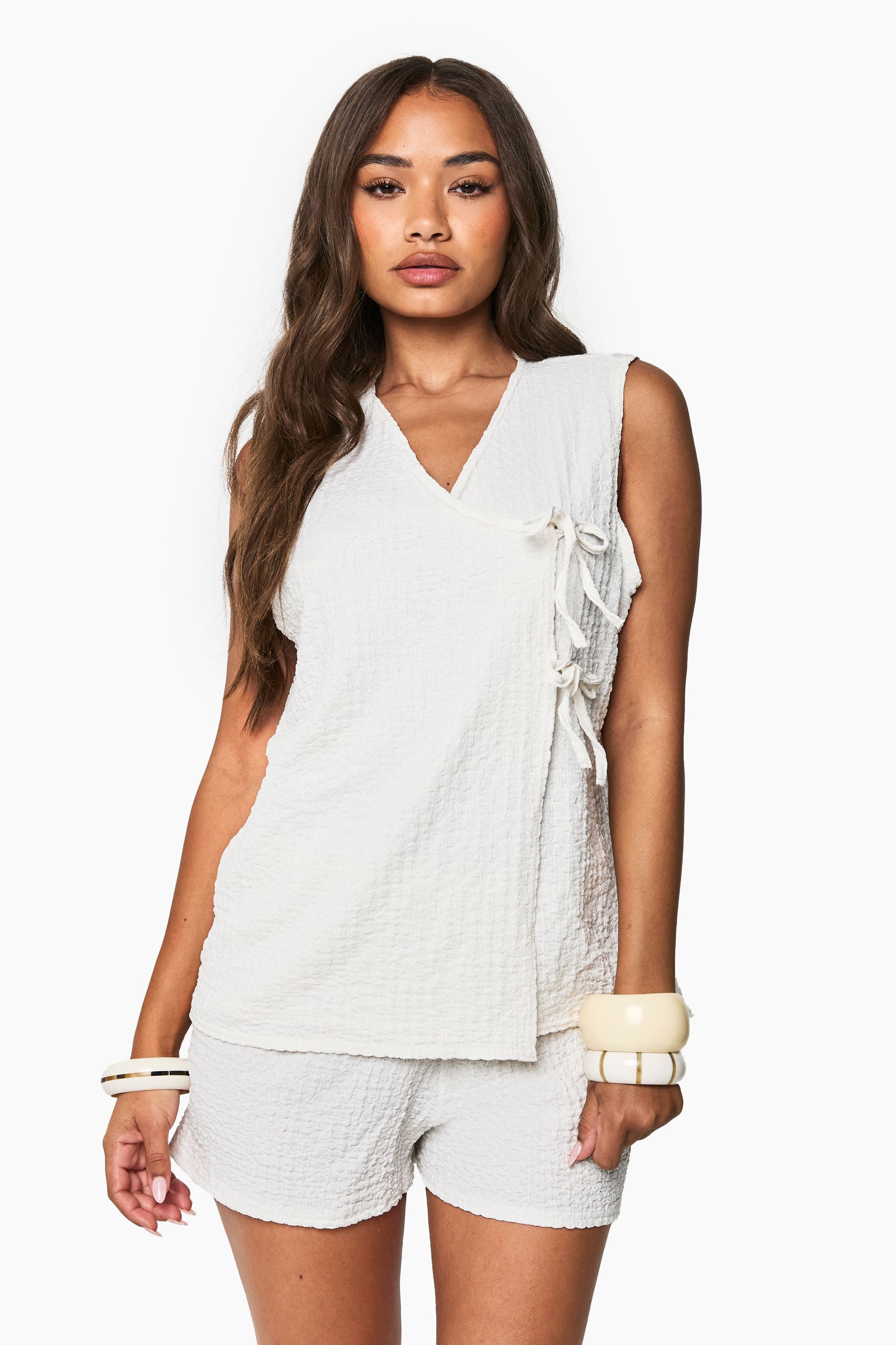 Textured Tie Front Sleeveless Top