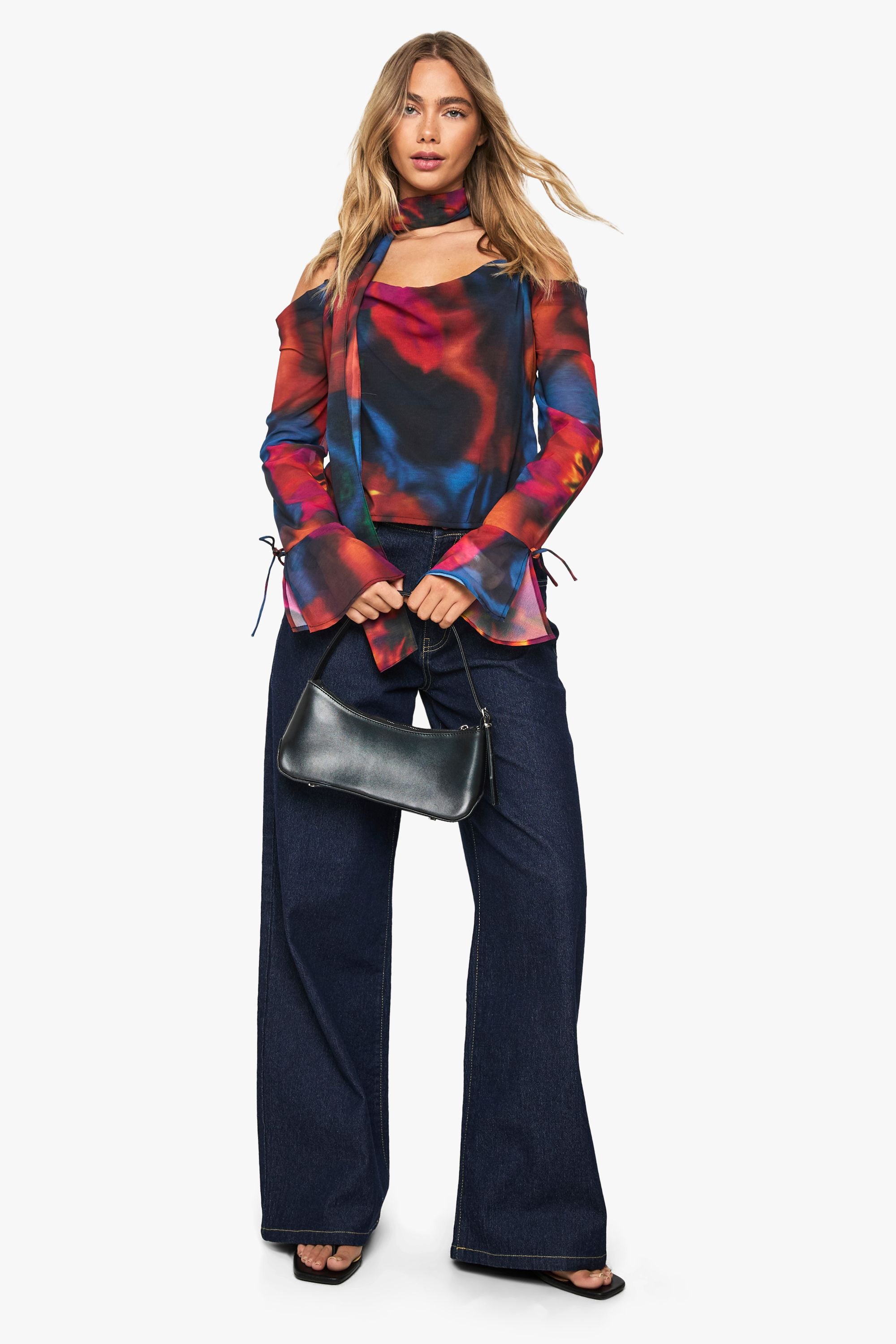 Abstract Floral Chiffon Cowl Neck Scarf Top