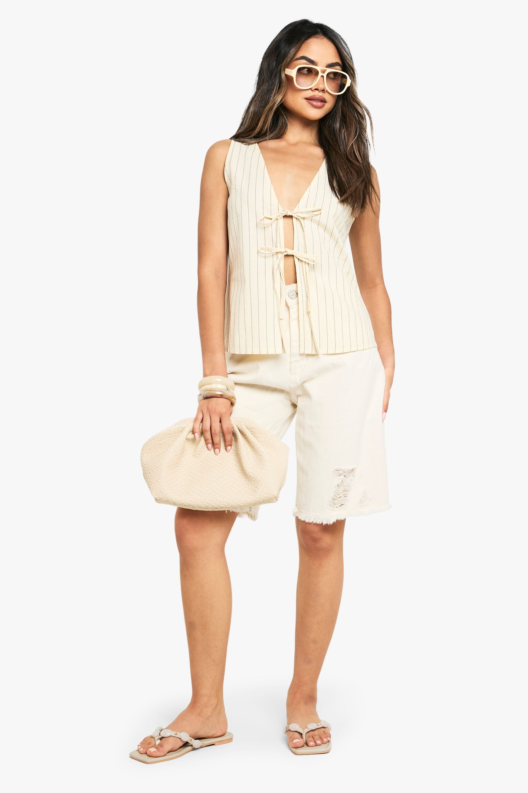 Stripe Linen Look Tie Front Waistcoat