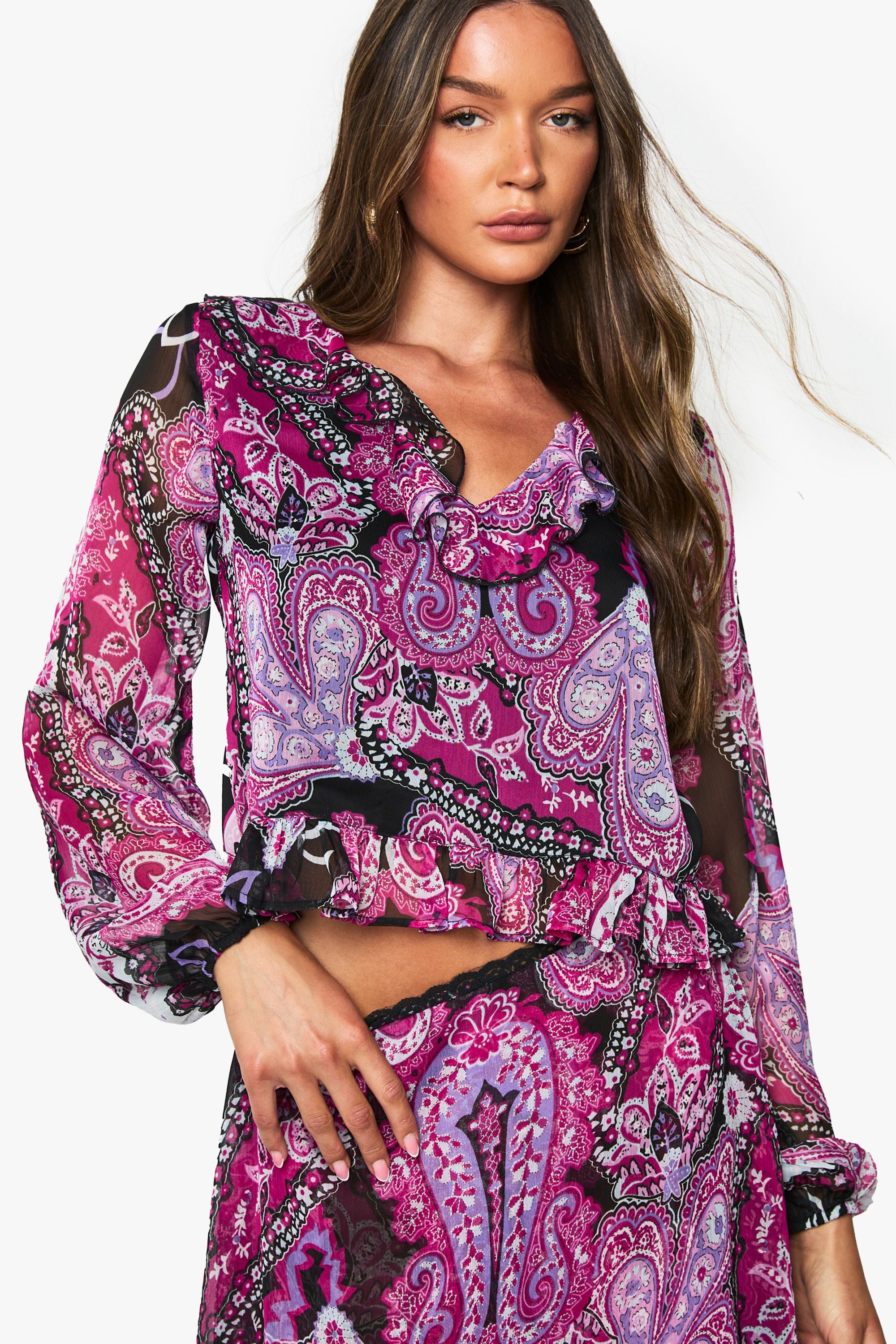 Paisley Chiffon Ruffle Blouse