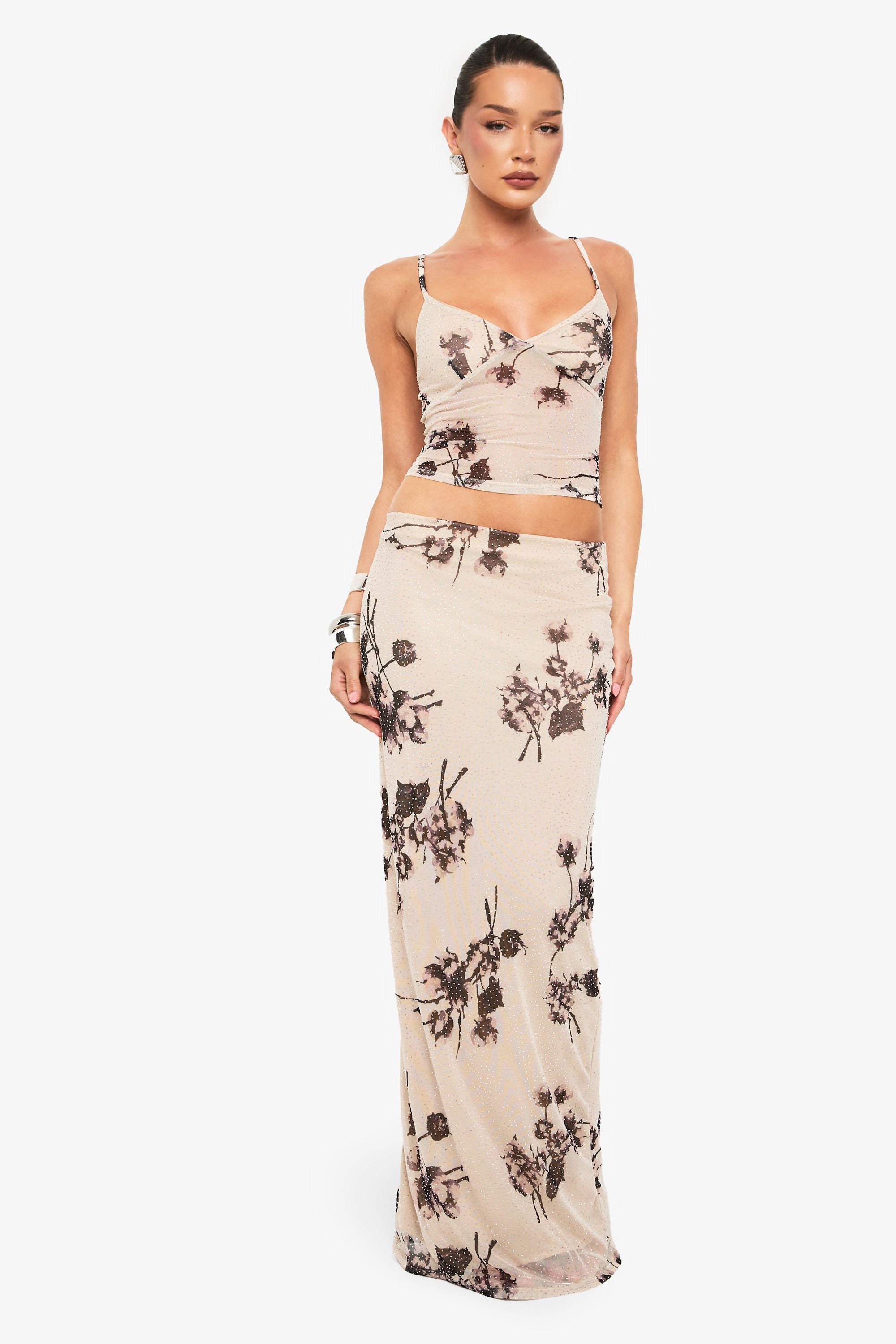Embellished Printed Mesh Lined Strappy Cami Top