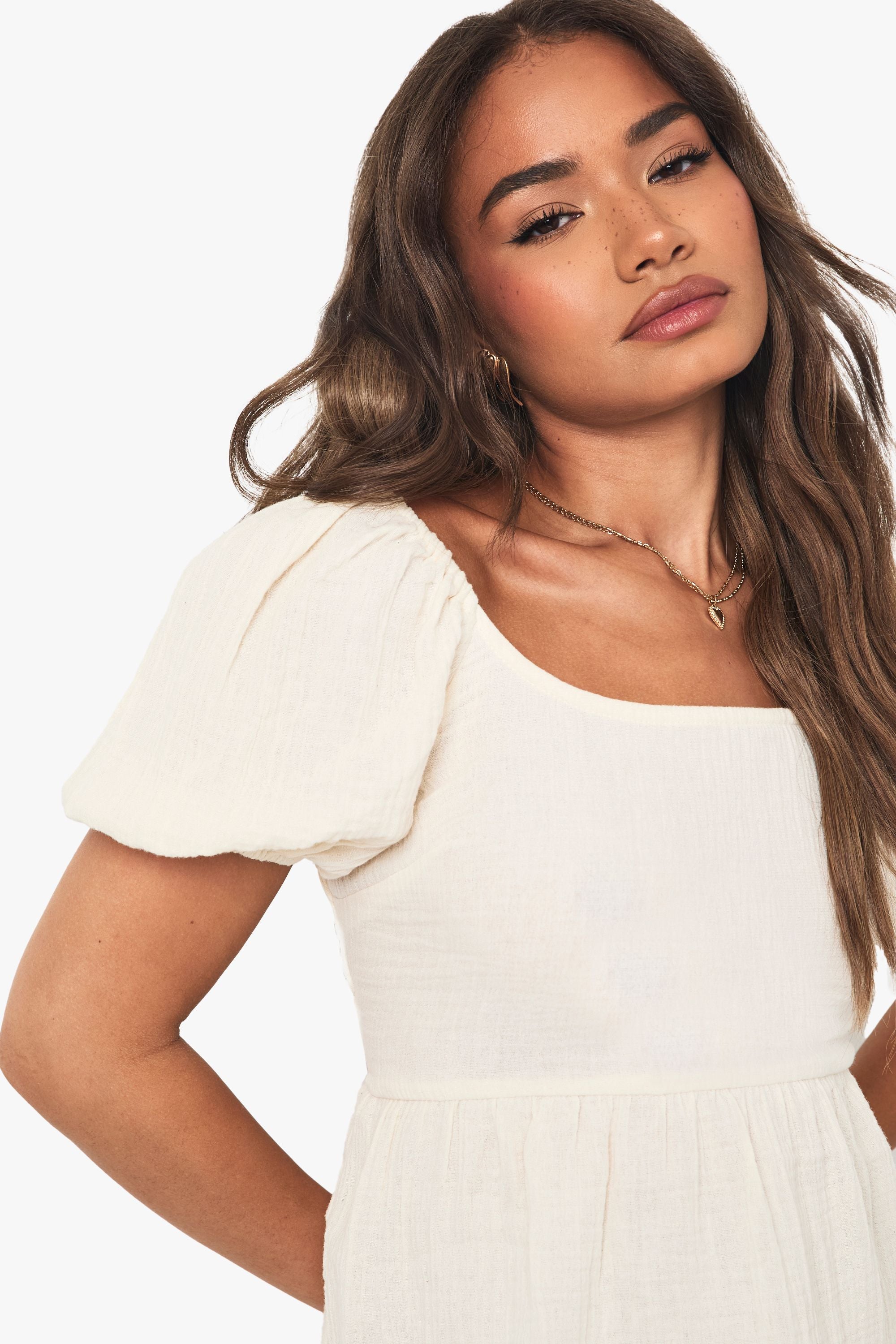 Crinkle Cotton Puff Sleeve Shirred Crop Top