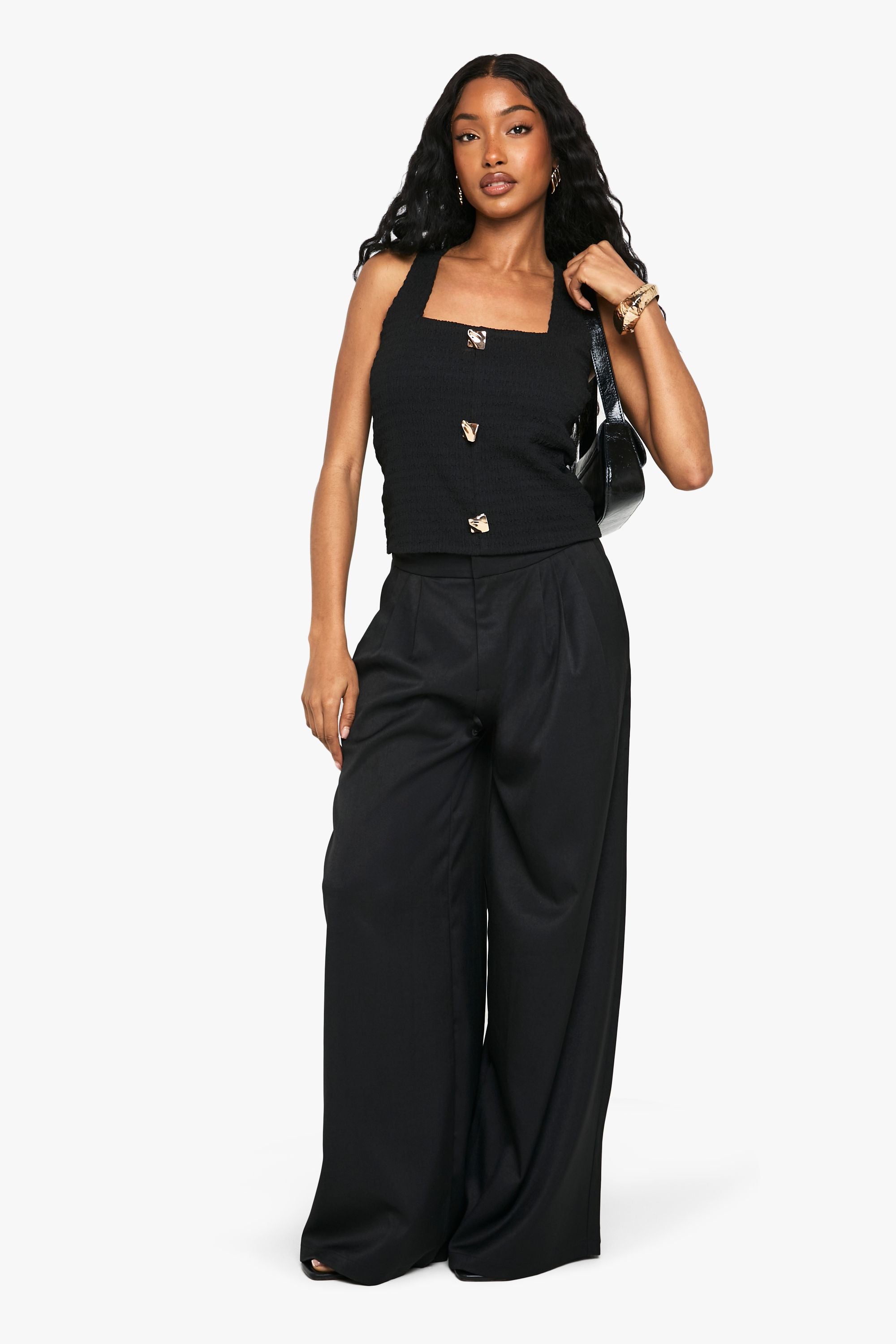 Textured Square Neck Button Detail Top