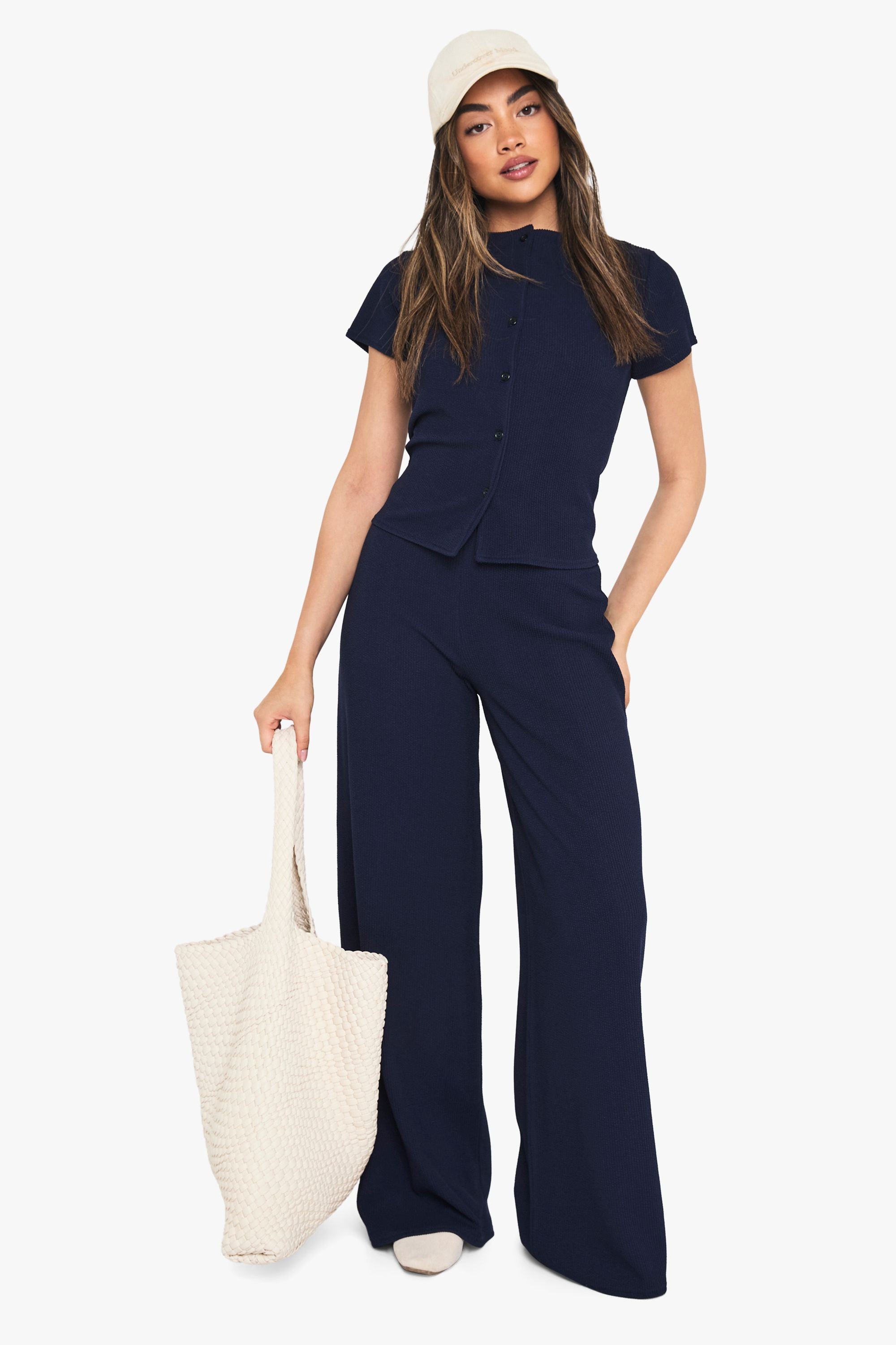 Crinkle Rib Button Through Cap Sleeve Top and Trouser Set