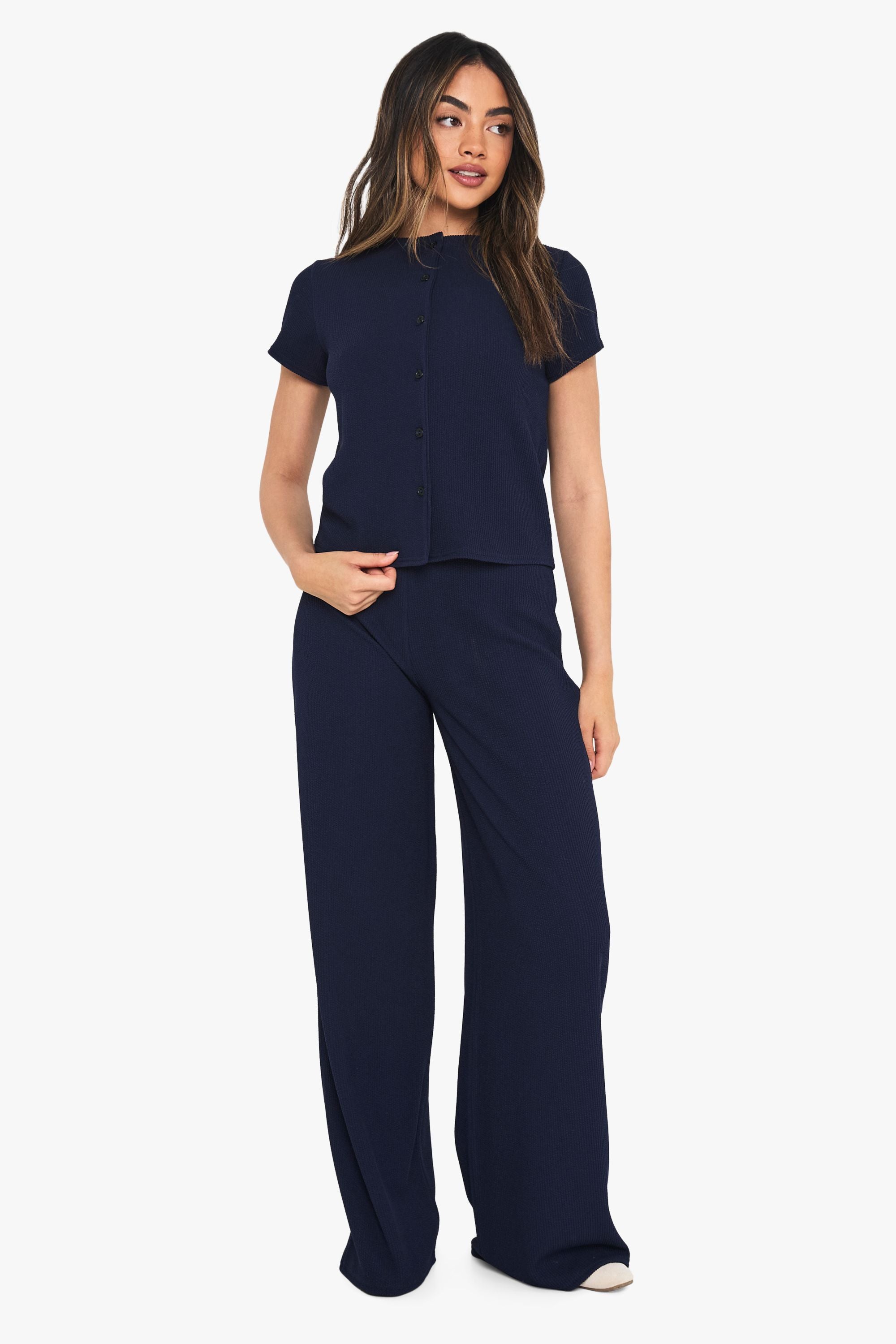 Crinkle Rib Button Through Cap Sleeve Top and Trouser Set