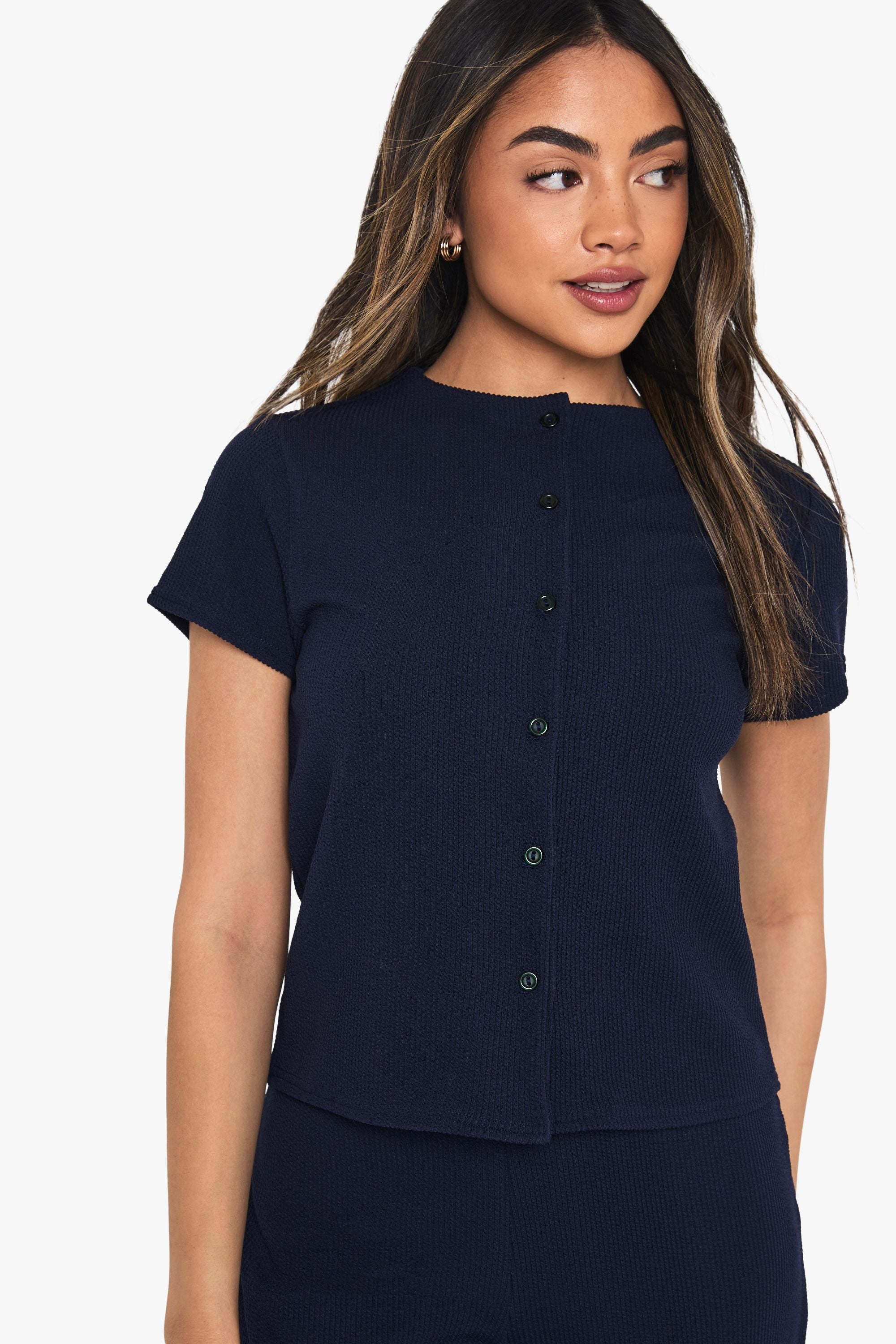 Crinkle Rib Button Through Cap Sleeve Top and Trouser Set