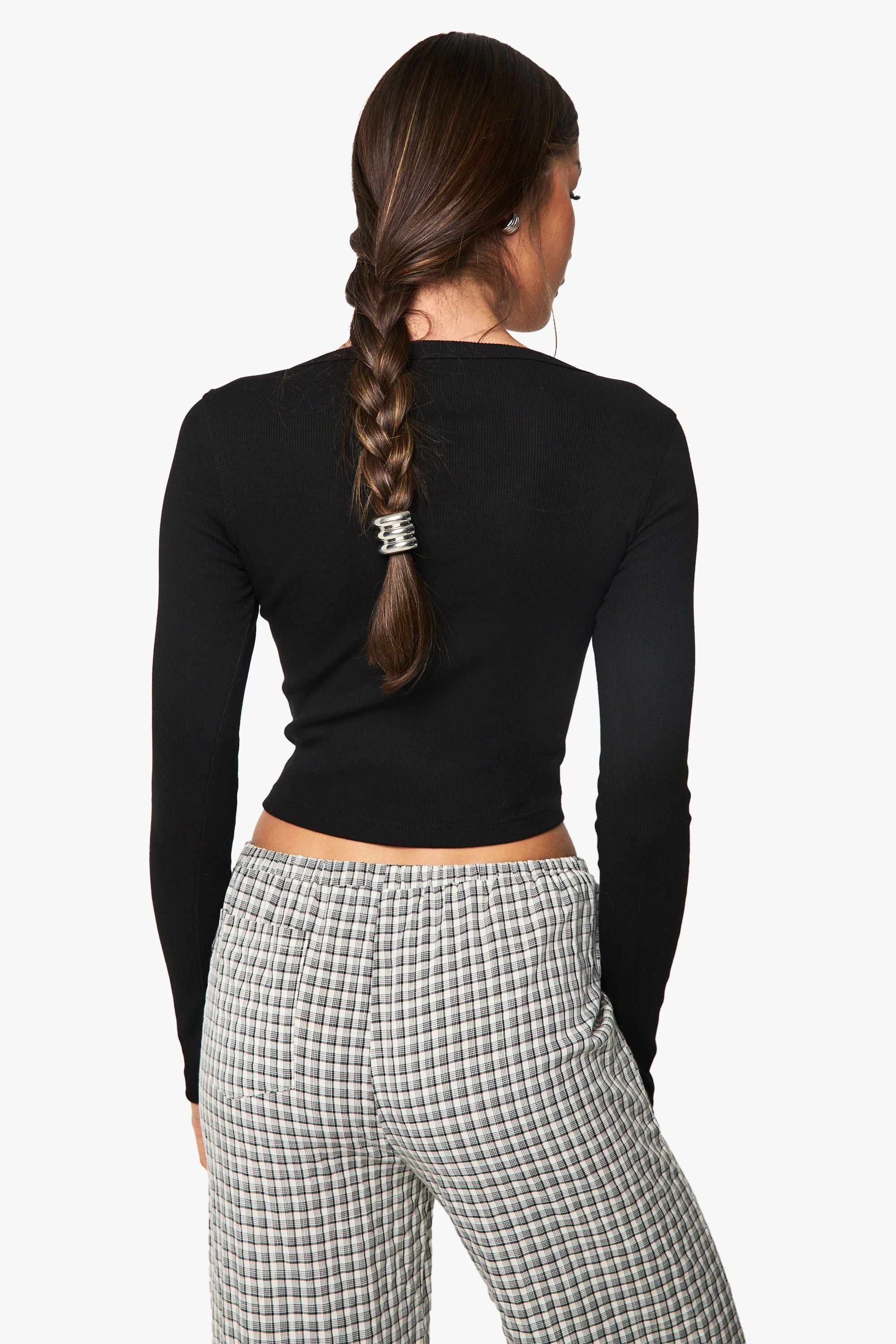 Rib Asymetric Neckline Long Sleeve Top