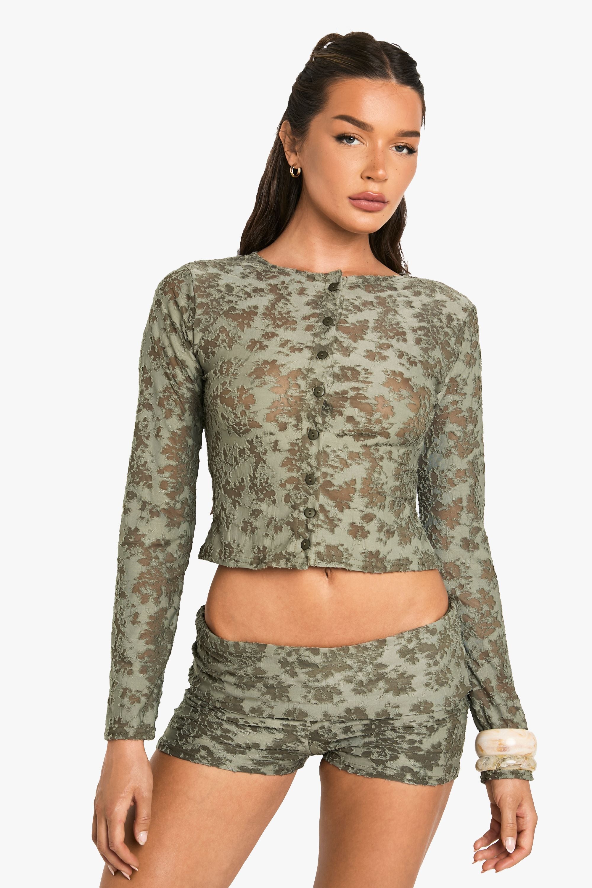 Floral Jacquard Button Through Long Sleeve Top