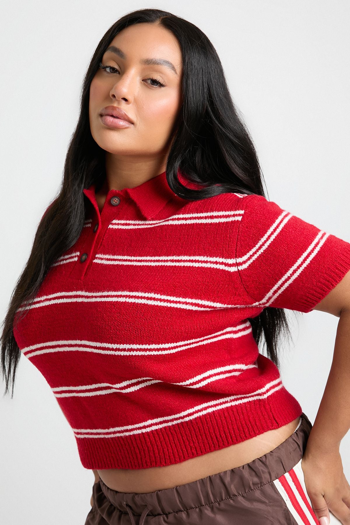 Plus Collar Detail Stripe Knit Top