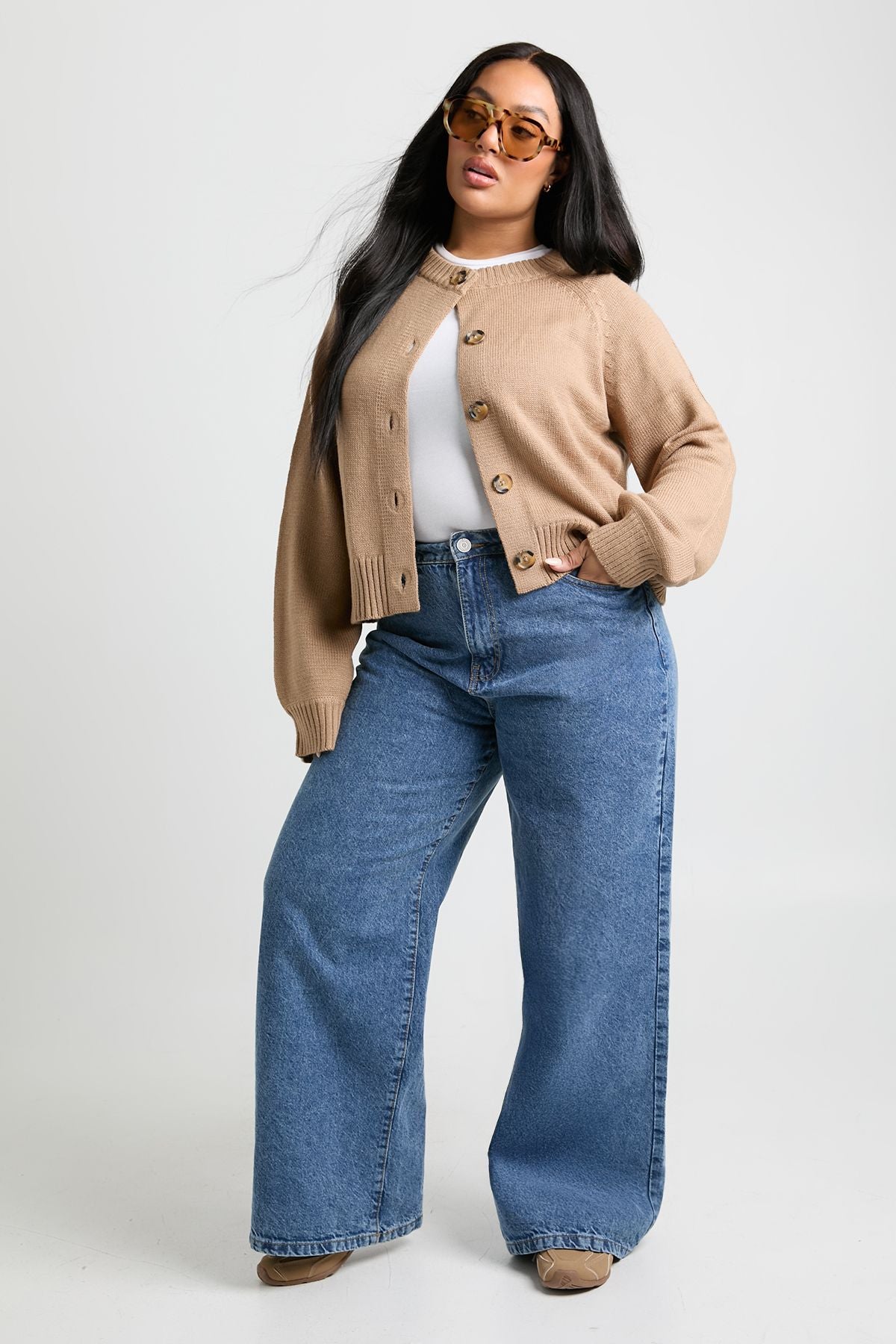 Plus Button Down Long Sleeve Crew Neck Cardigan
