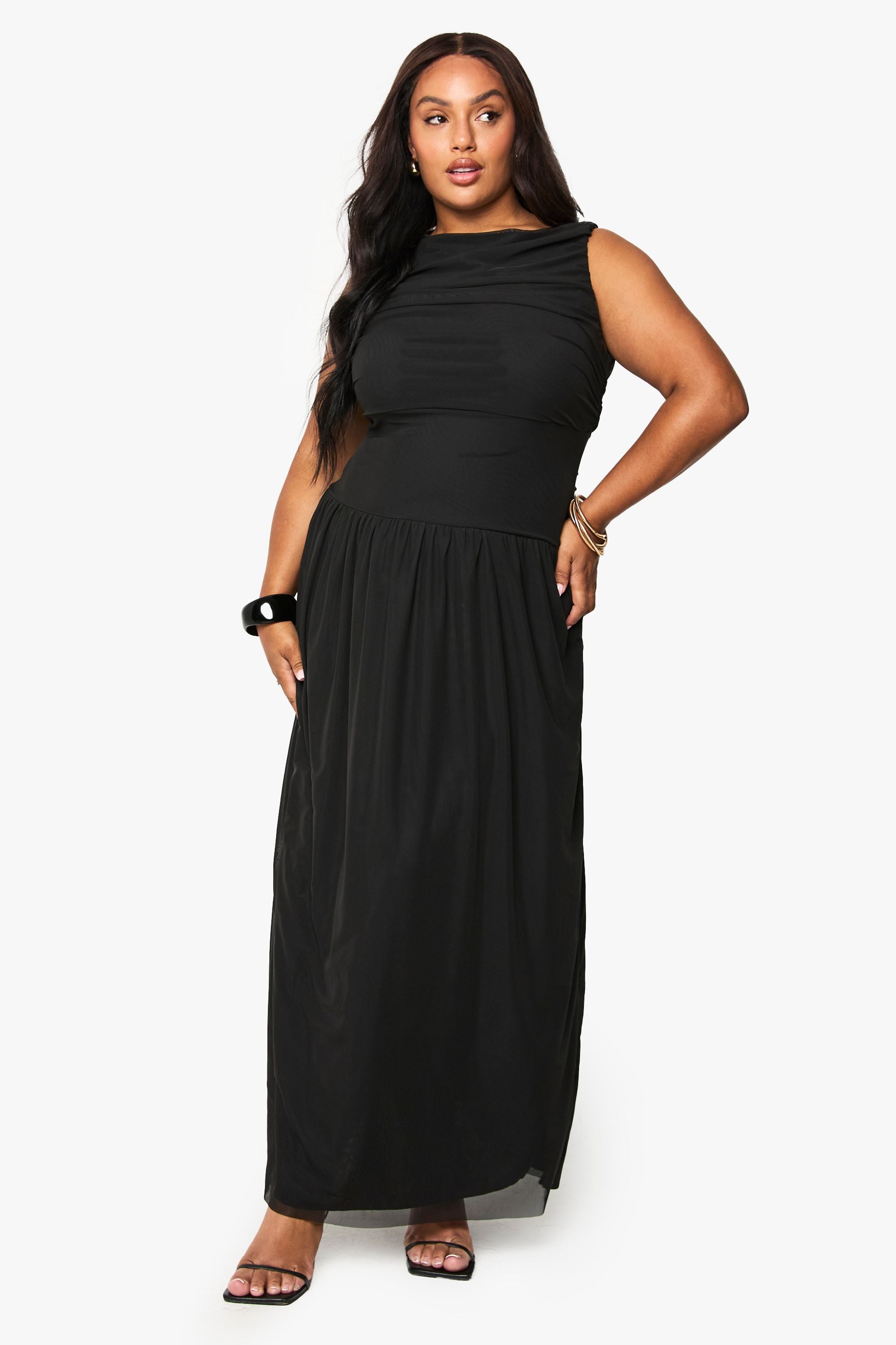 Plus Mesh Ruched Drop Hem Maxi Dress