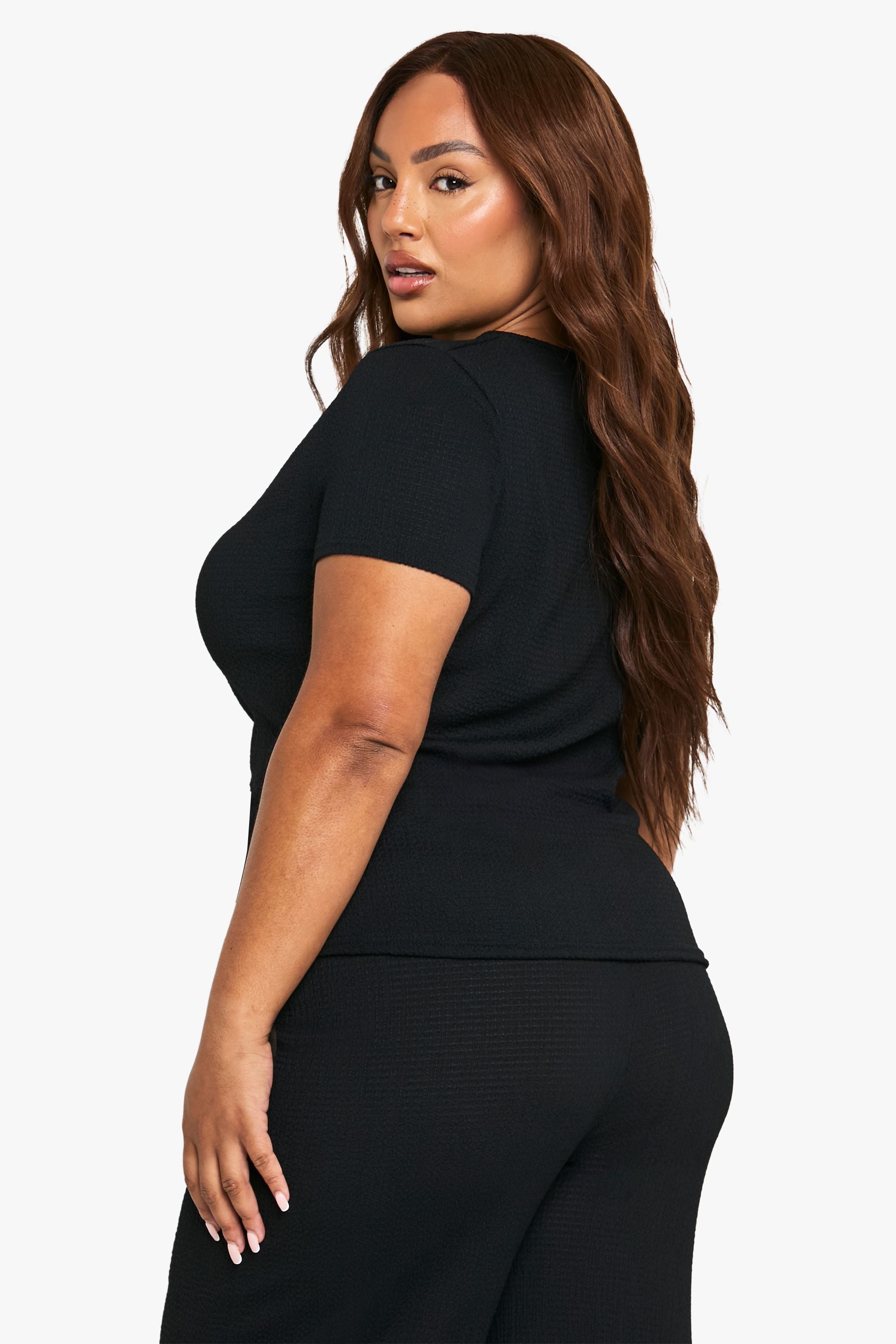 Plus Crinkle Button Sleeve Top