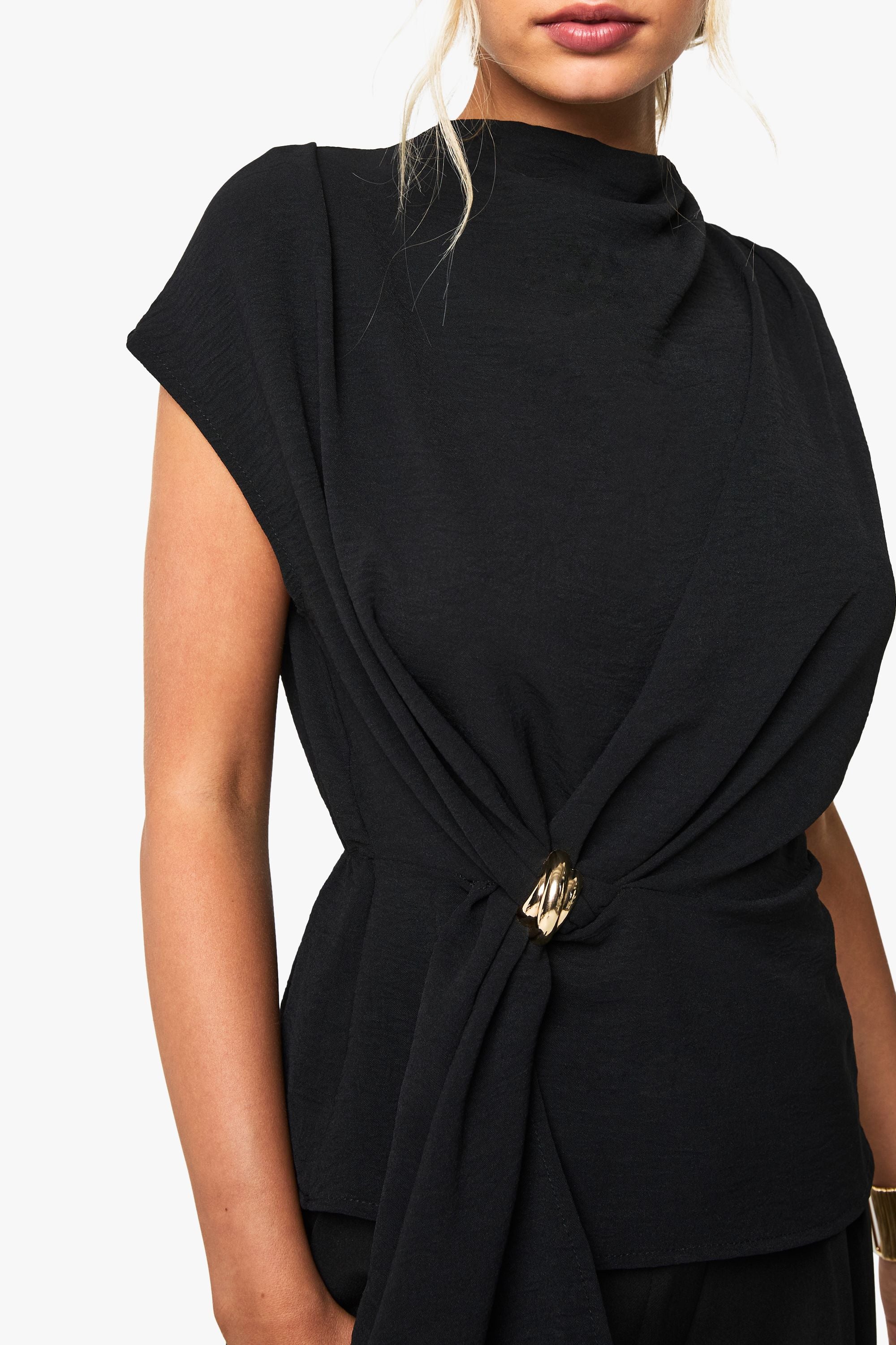 Hammered Gold Trim Cowl Neck Blouse