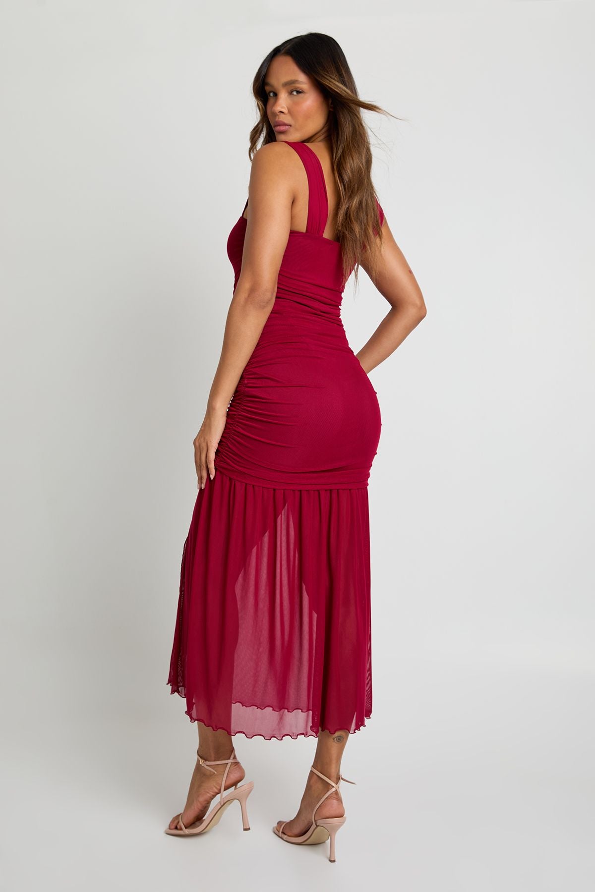 Mesh Square Neck Drop Waist Midaxi Dress