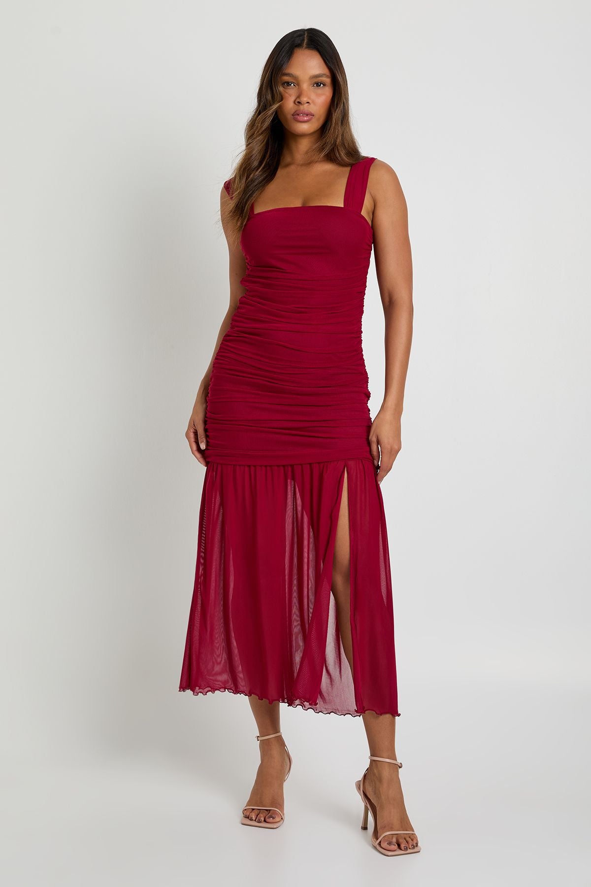 Mesh Square Neck Drop Waist Midaxi Dress