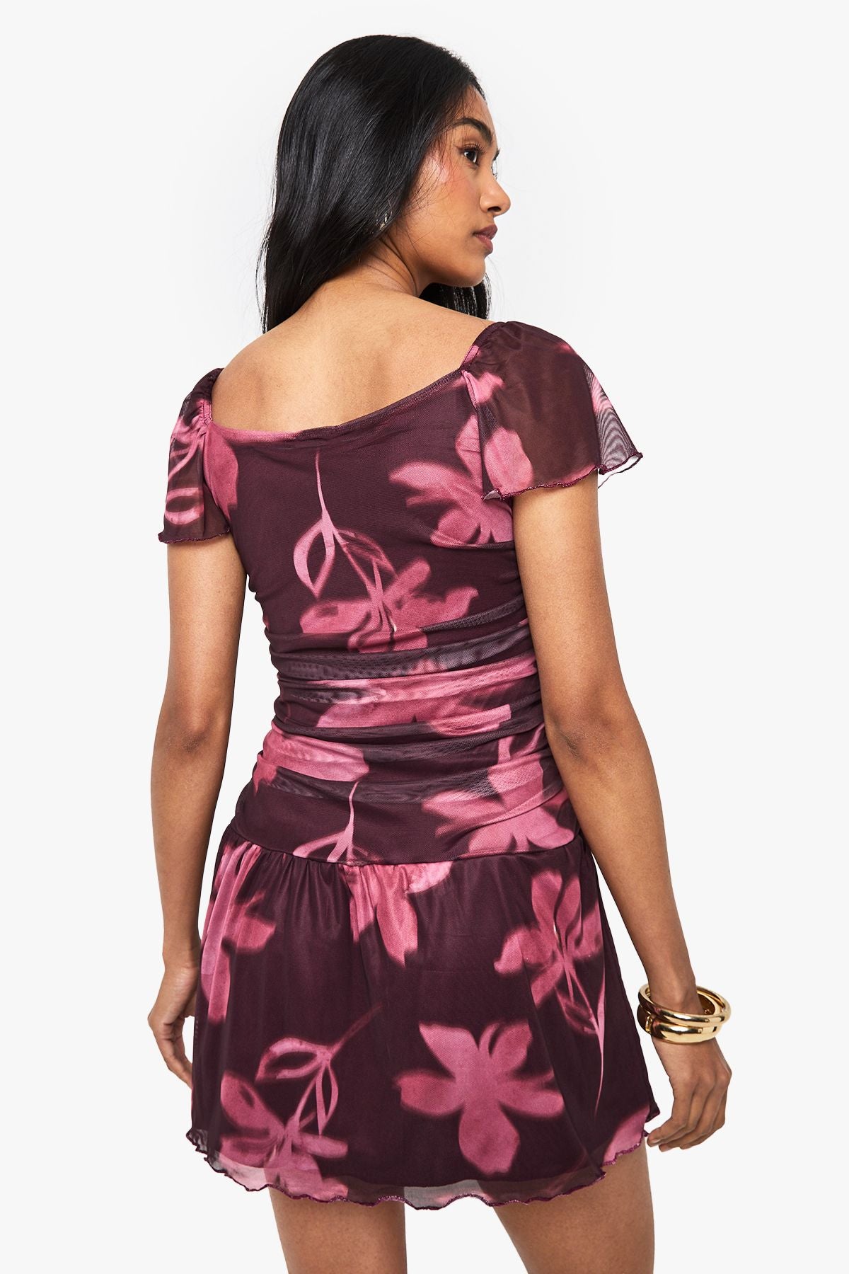 Floral Print Ruched Cap Sleeve Mini Dress