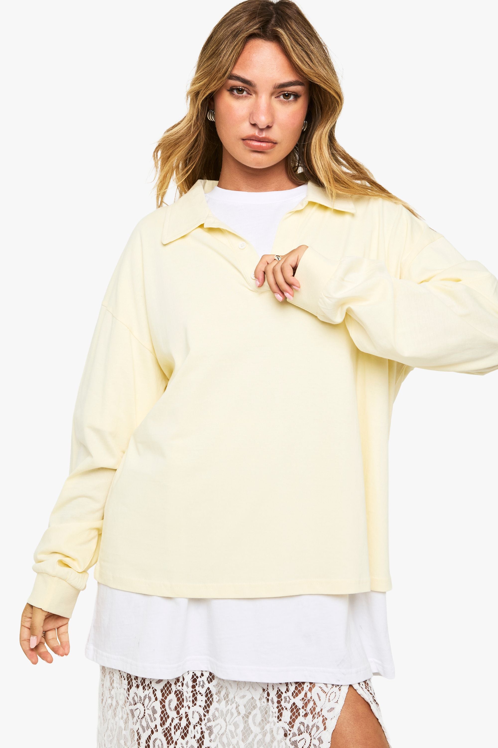 Heavy Cotton Button Detail Collared Rugby Top
