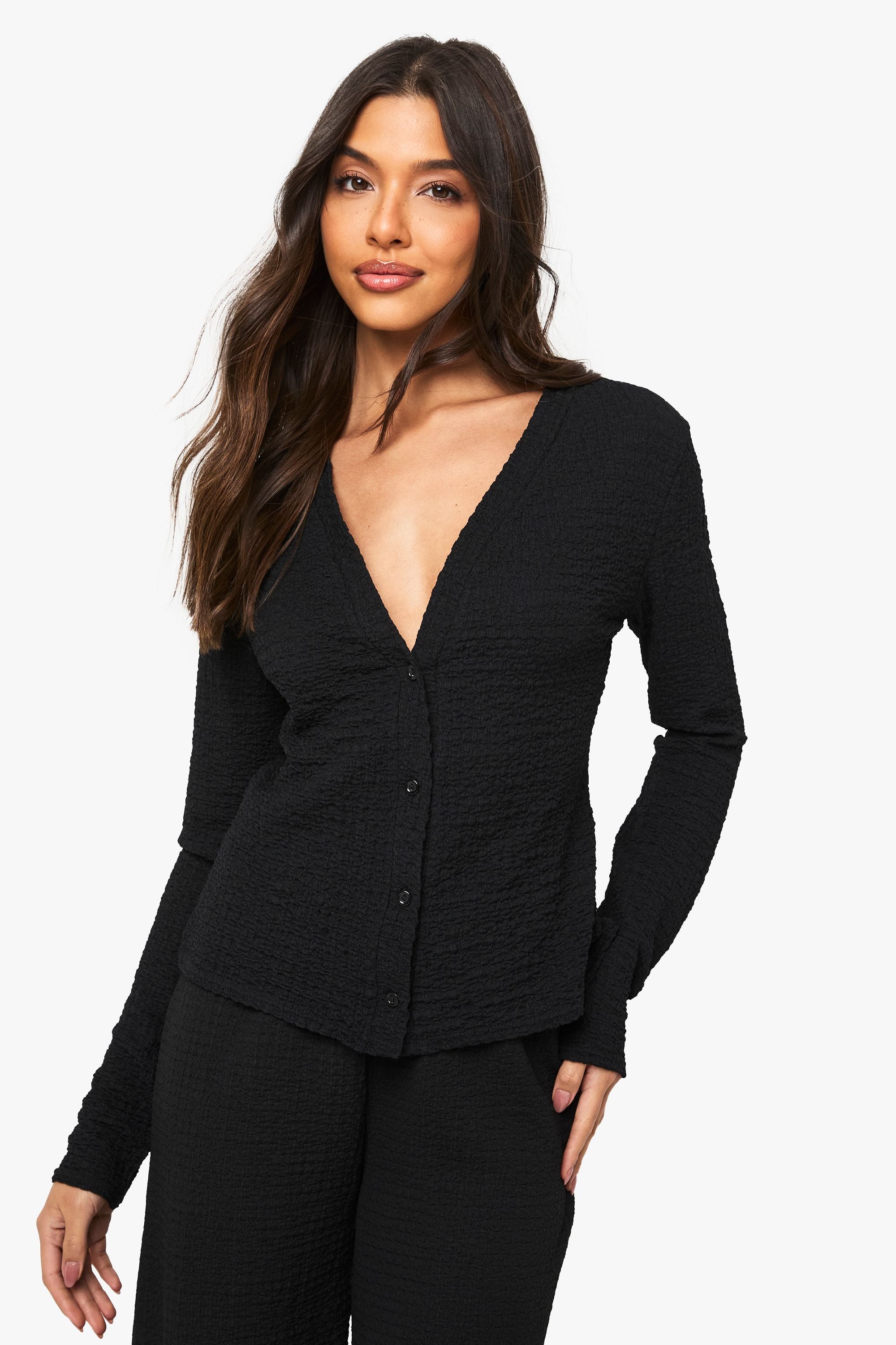 Textured Button Through Long Sleeve Top