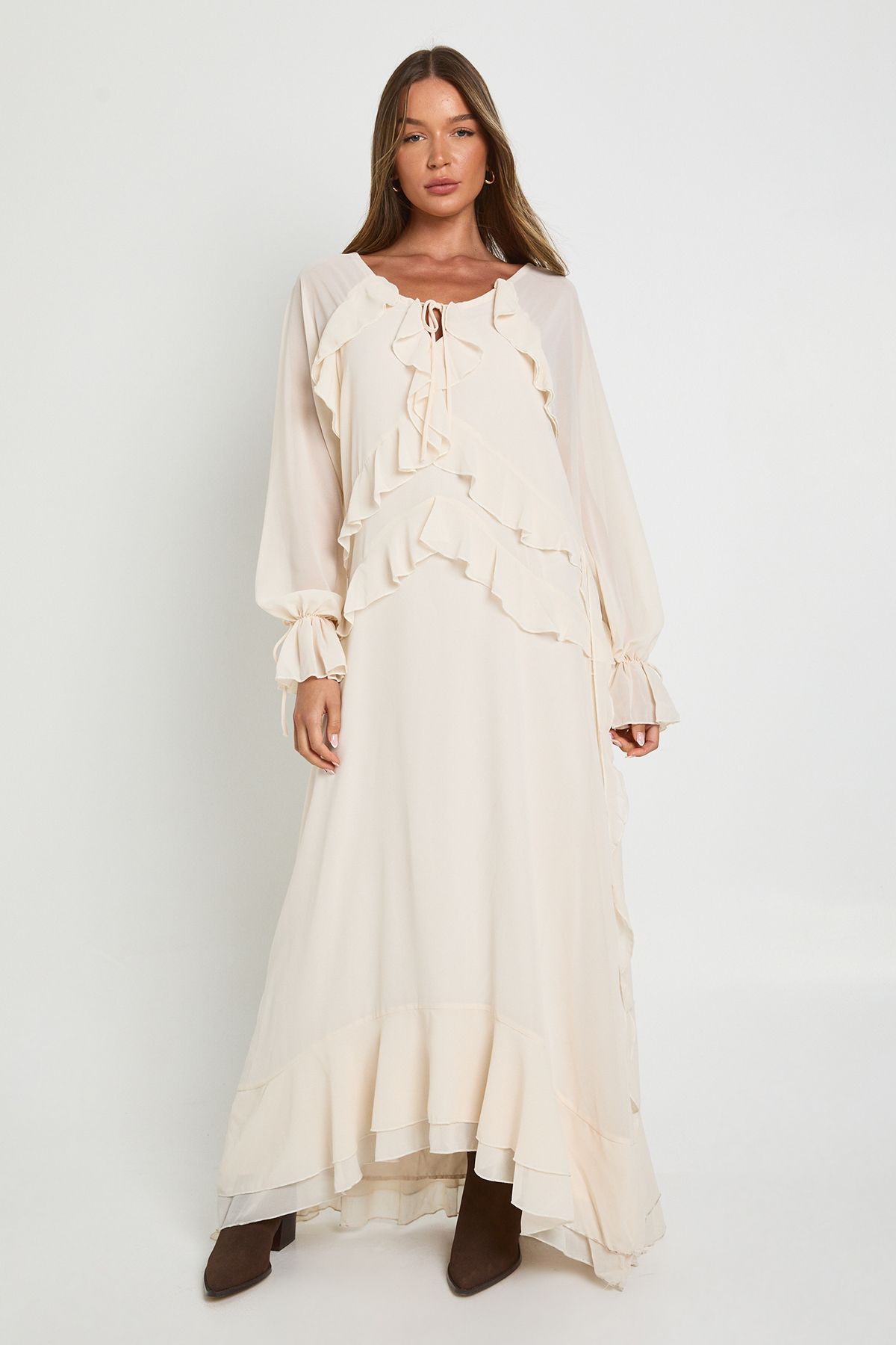 Ruffle Front Smock Maxi Dress