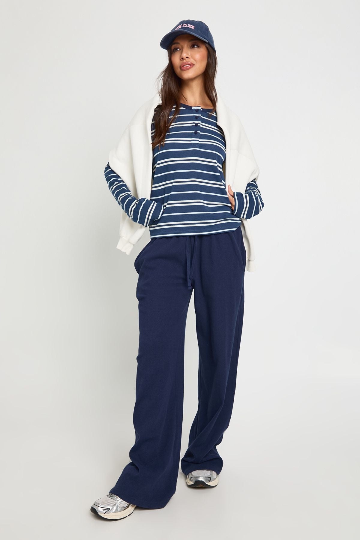 Striped Long Sleeve Henley Button Boxy Top
