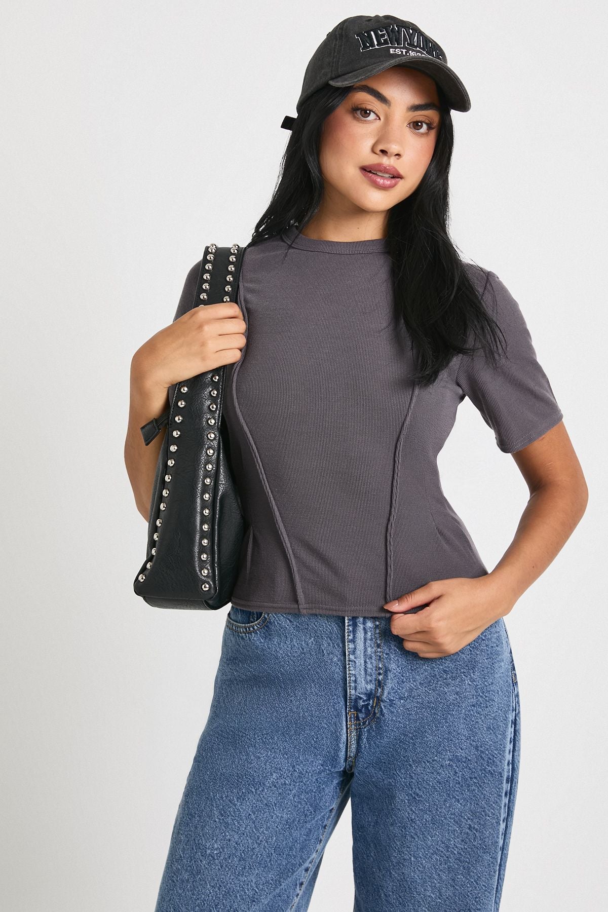 Rib Cinched Waist Seam Detail Fitted Top