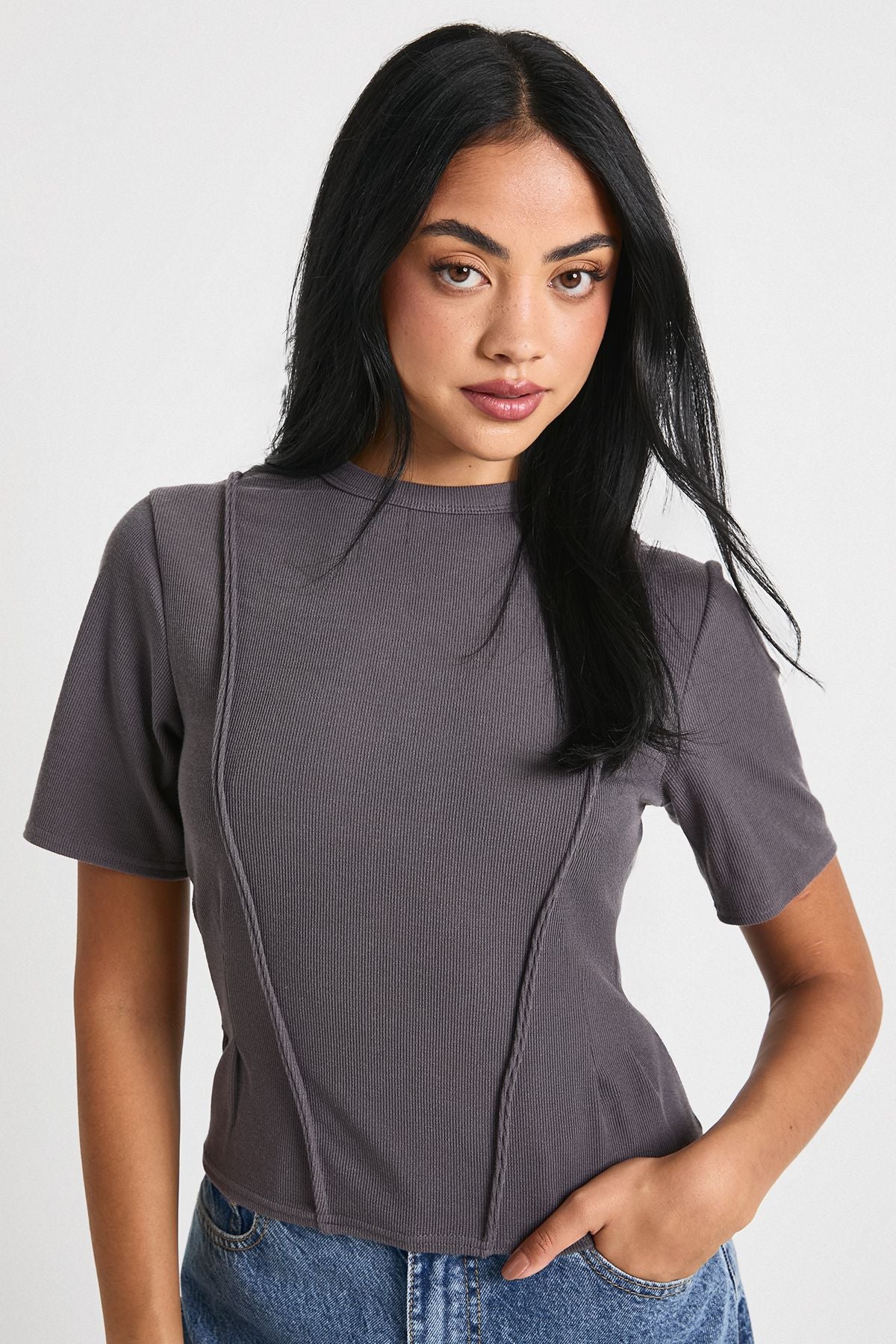 Rib Cinched Waist Seam Detail Fitted Top