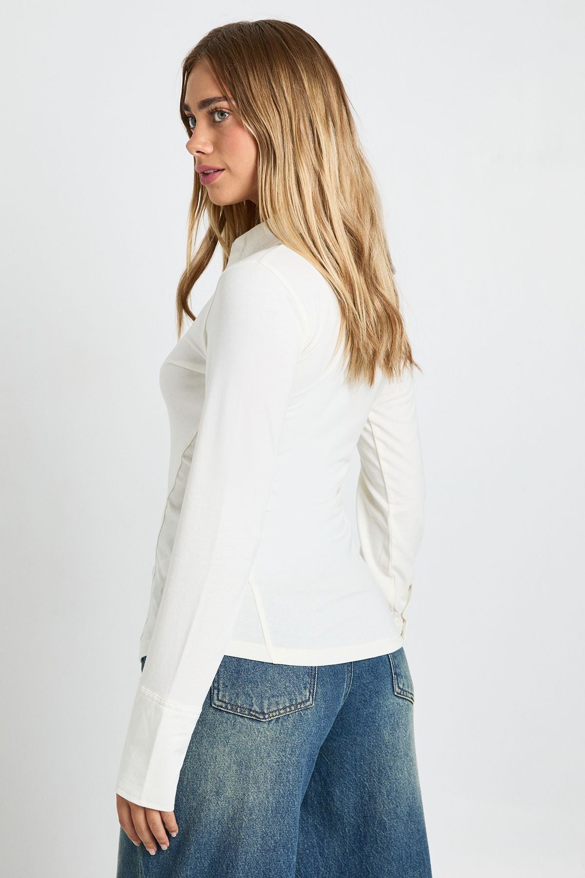 Longline Popper Detail Collared Top With Popper Cuffs