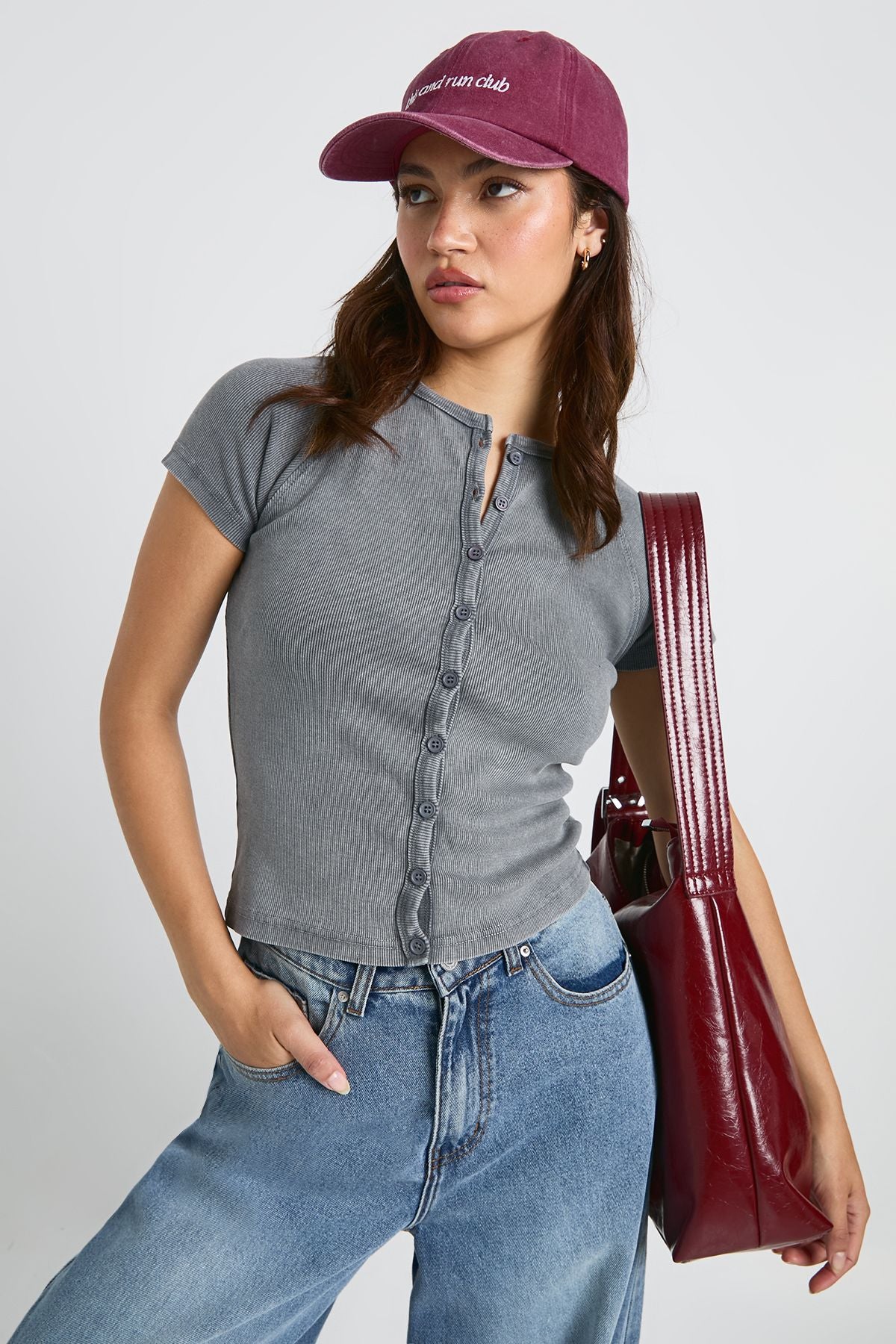 Acid Wash Button Through Cap Sleeve Top