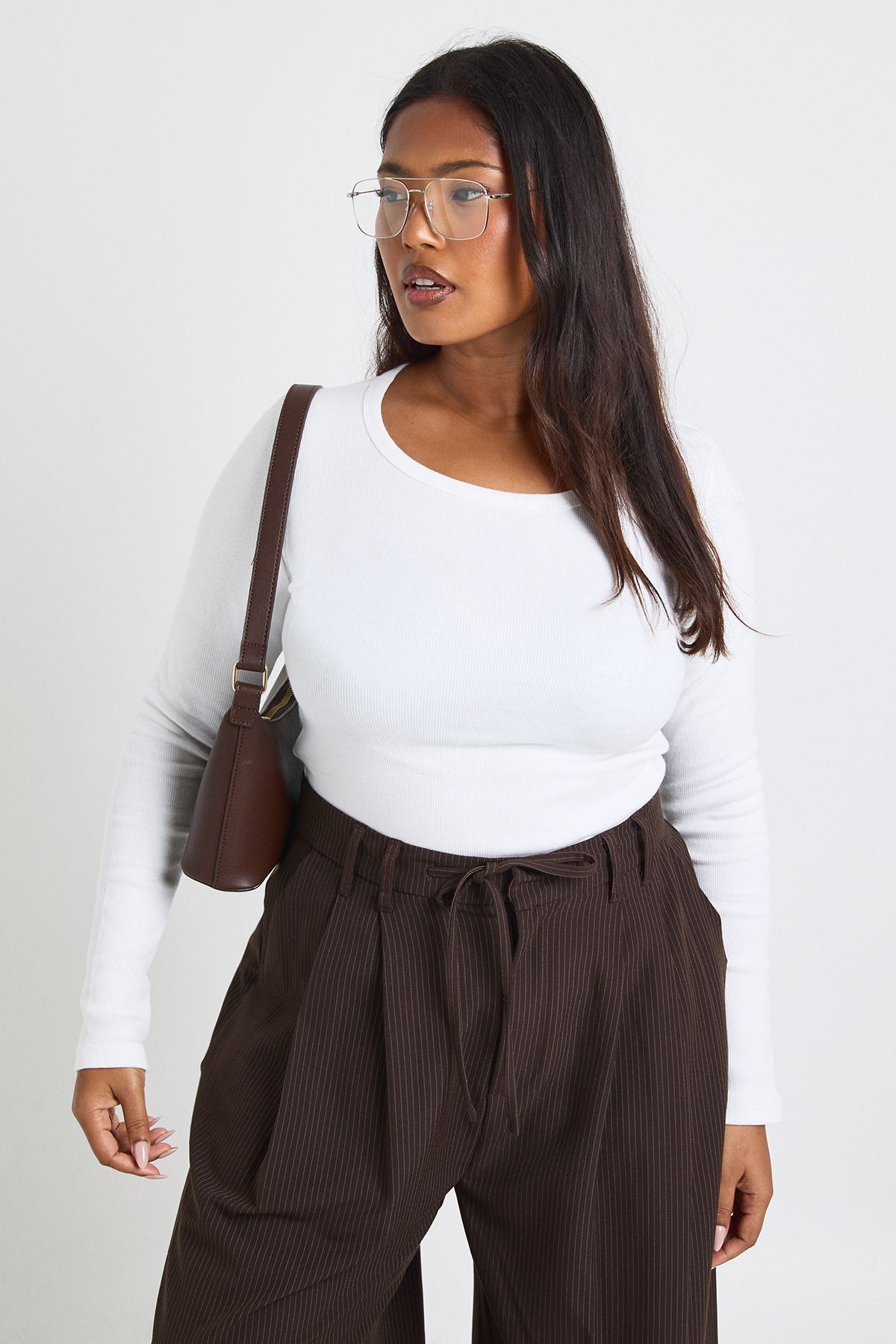 Plus Basic Rib Scoop Neck Longline Long Sleeve Fitted Top