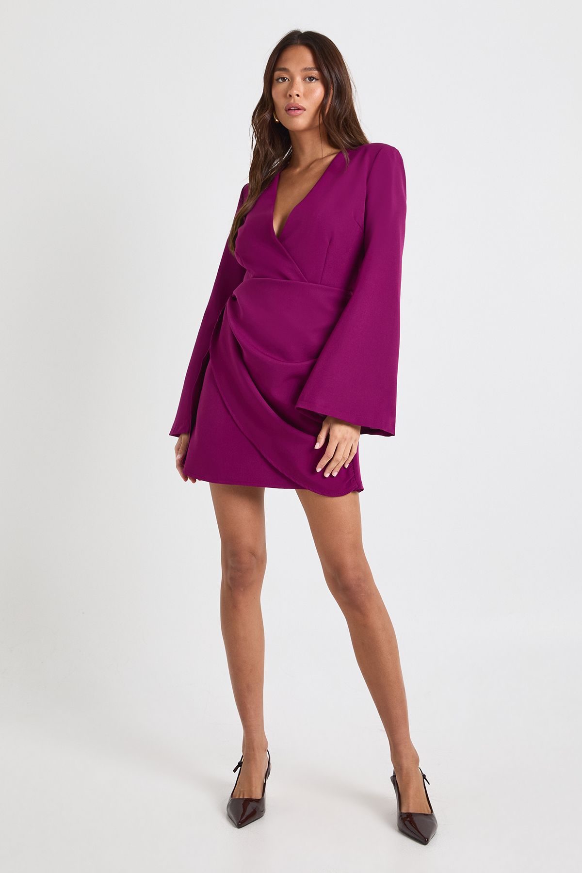Tie Waist Collarless Draped Blazer Dress