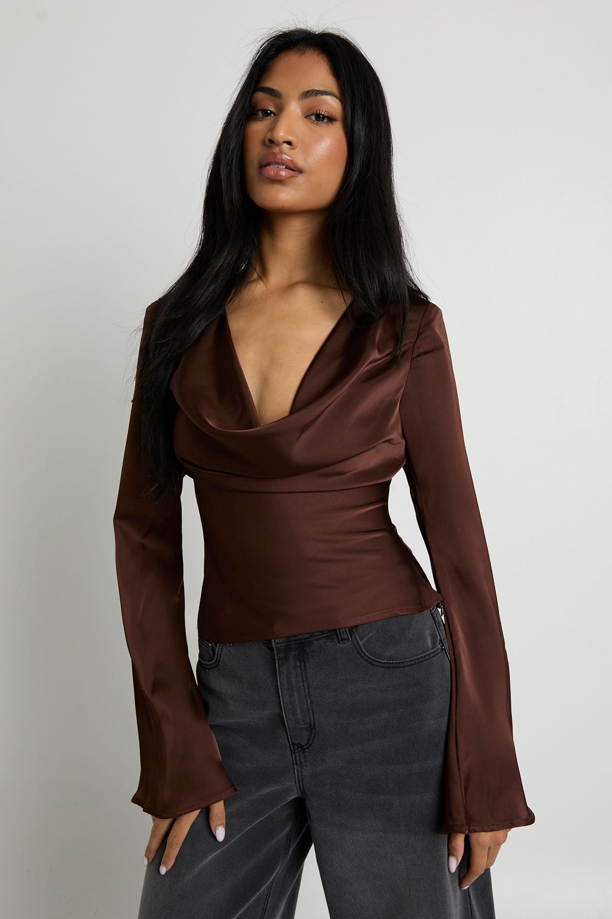Long Sleeve Satin Cowl Neck Top