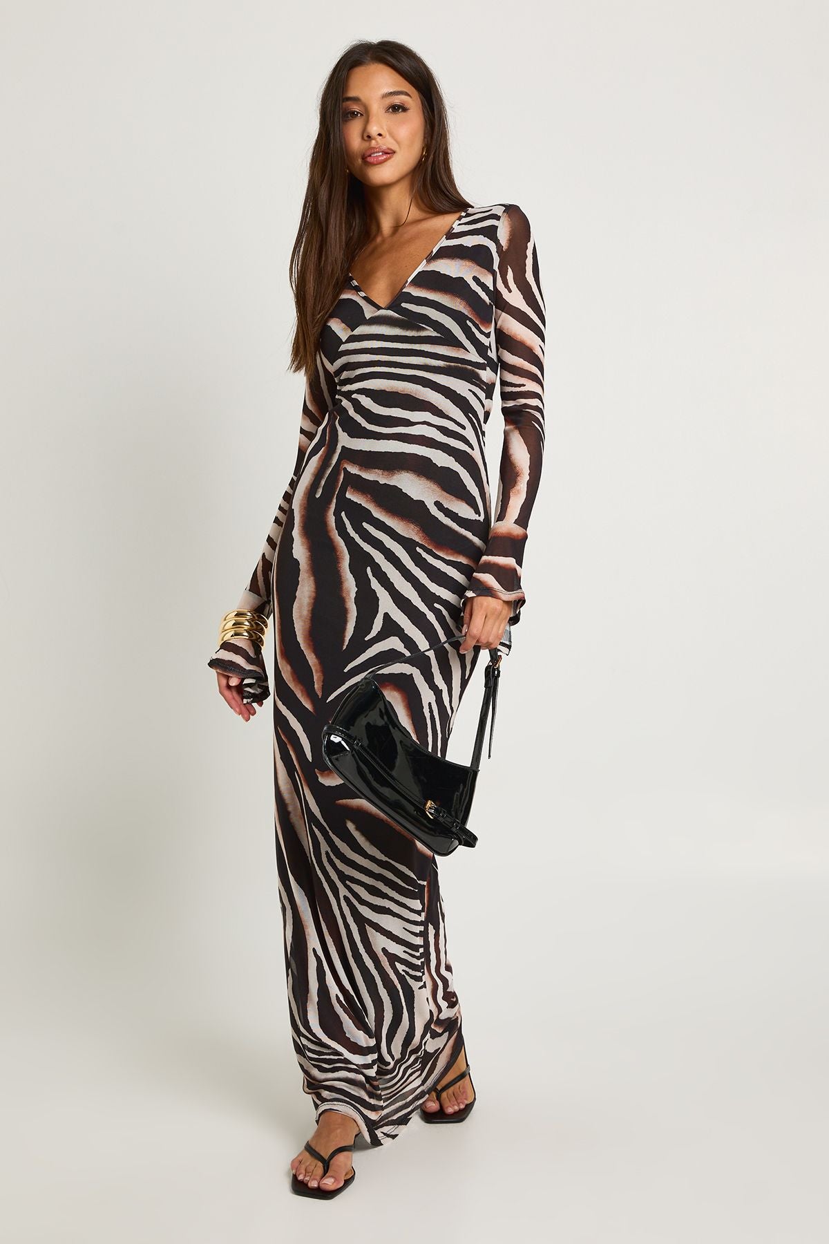 Zebra Printed Long Sleeve Maxi Dress