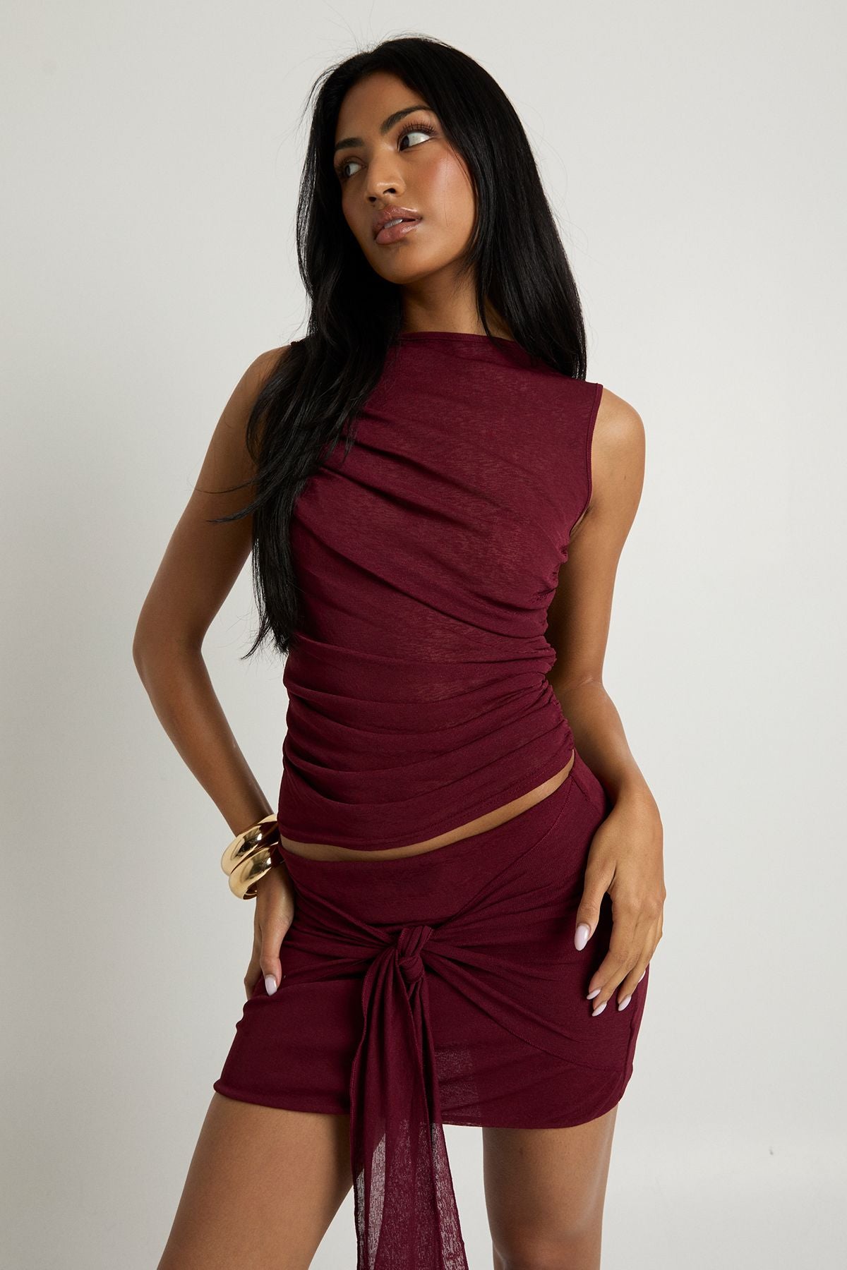 Textured Mesh Knot Front Mini Skirt