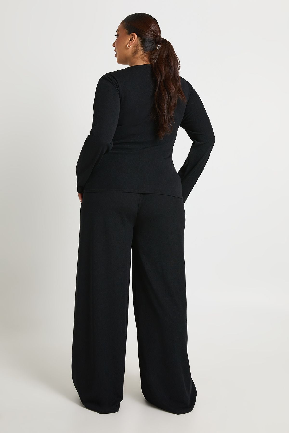 Plus Rib Button Through Long Sleeve Top & Trouser Co Ord