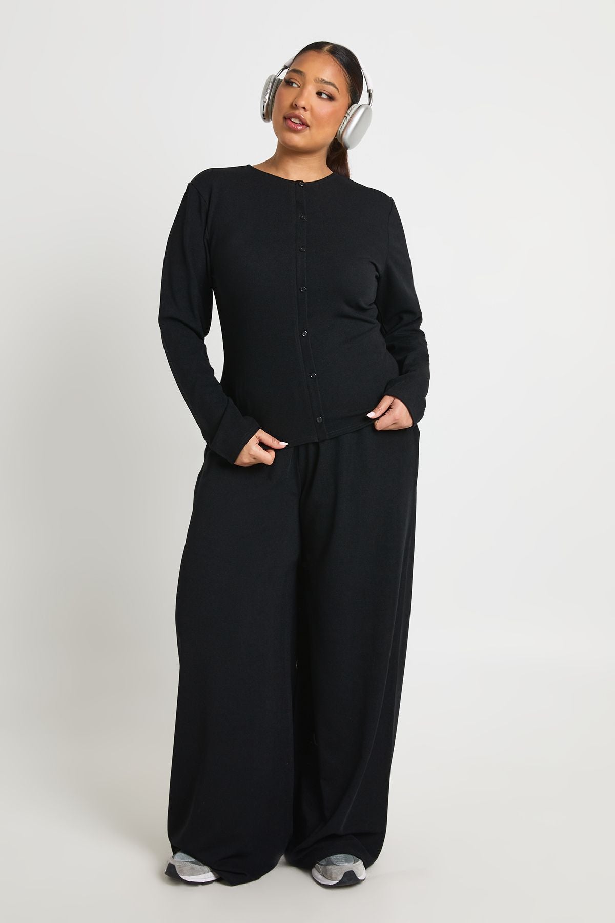Plus Rib Button Through Long Sleeve Top & Trouser Co Ord
