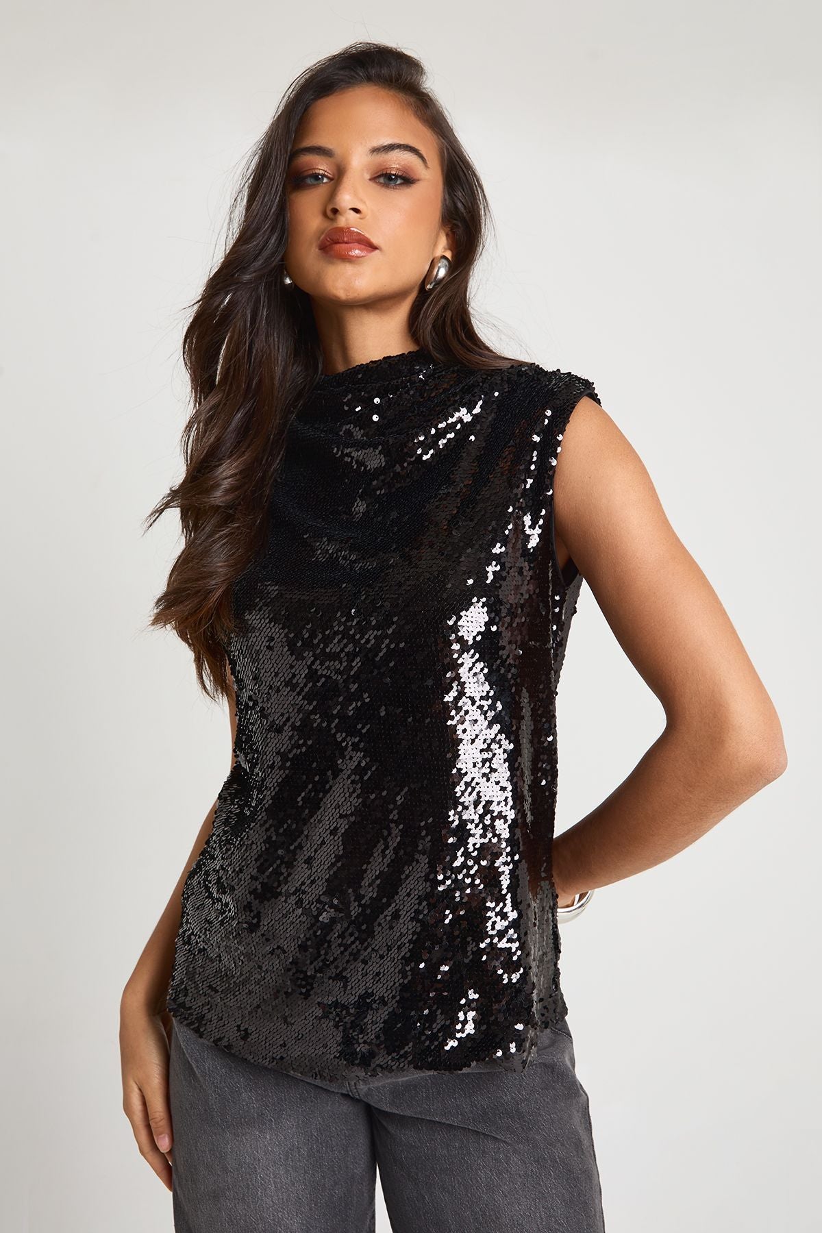 Sequin High Neck Ruched Top