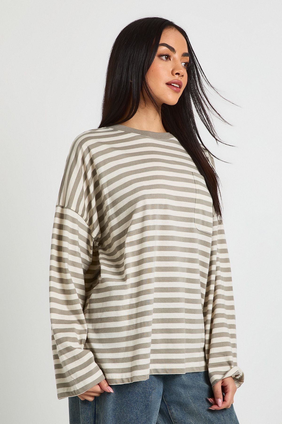 Striped Cotton Pocket Front Long Sleeve Top