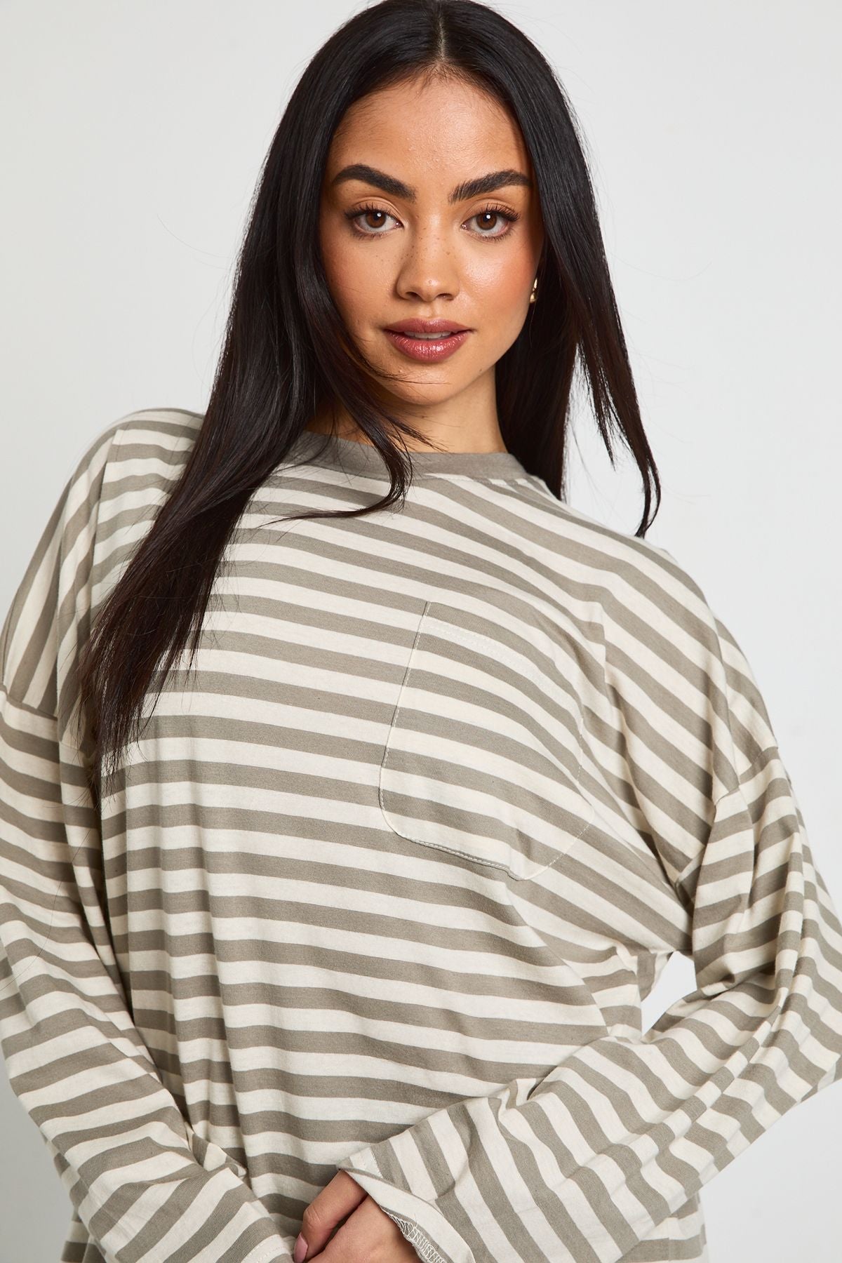 Striped Cotton Pocket Front Long Sleeve Top