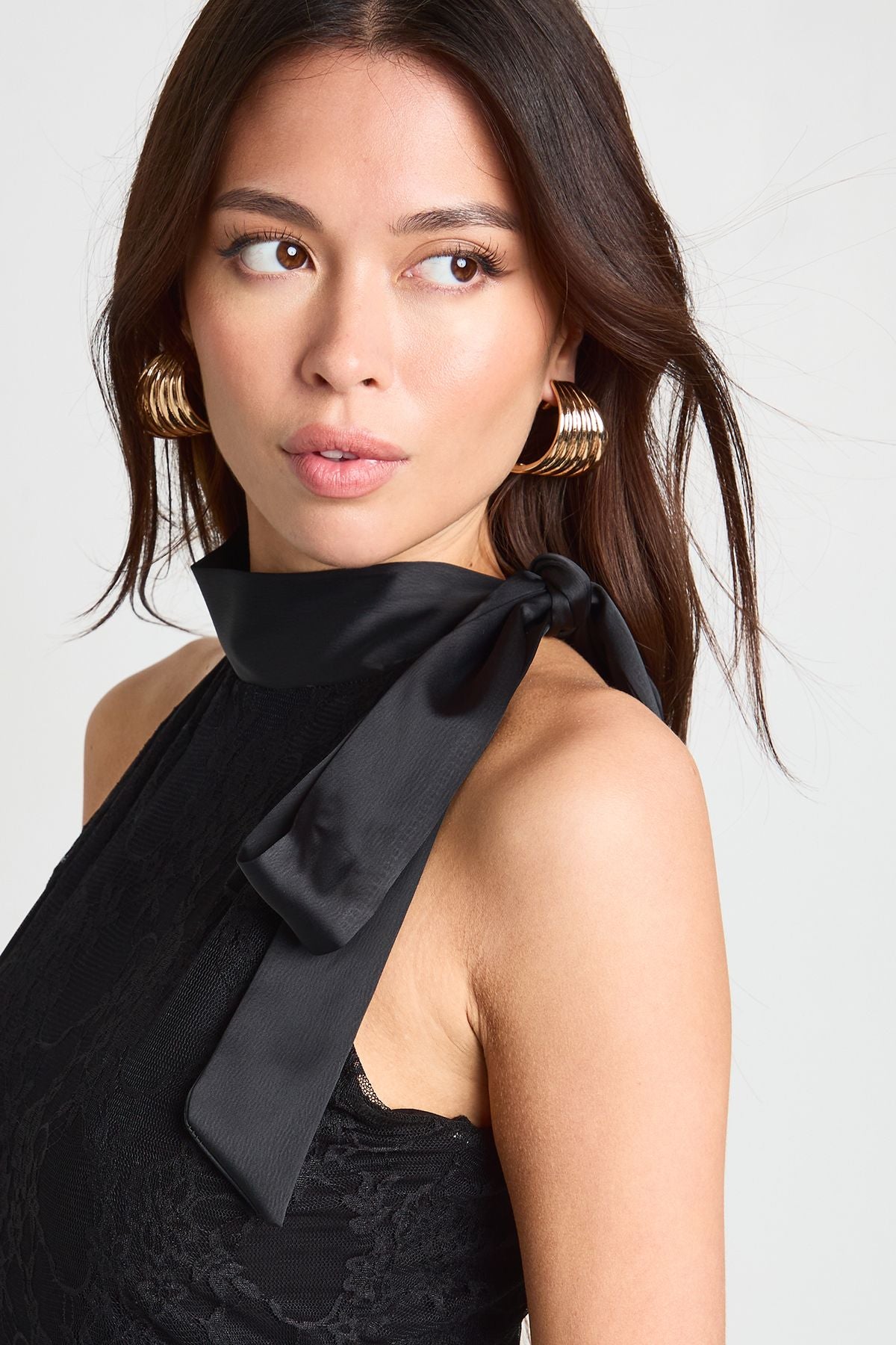 Lace Satin Bow Detail High Neck Bodysuit