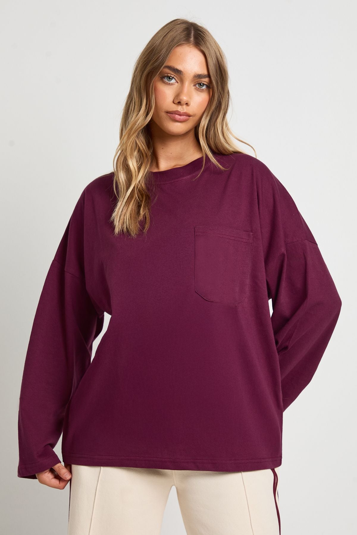 Cotton Pocket Front Long Sleeve Top