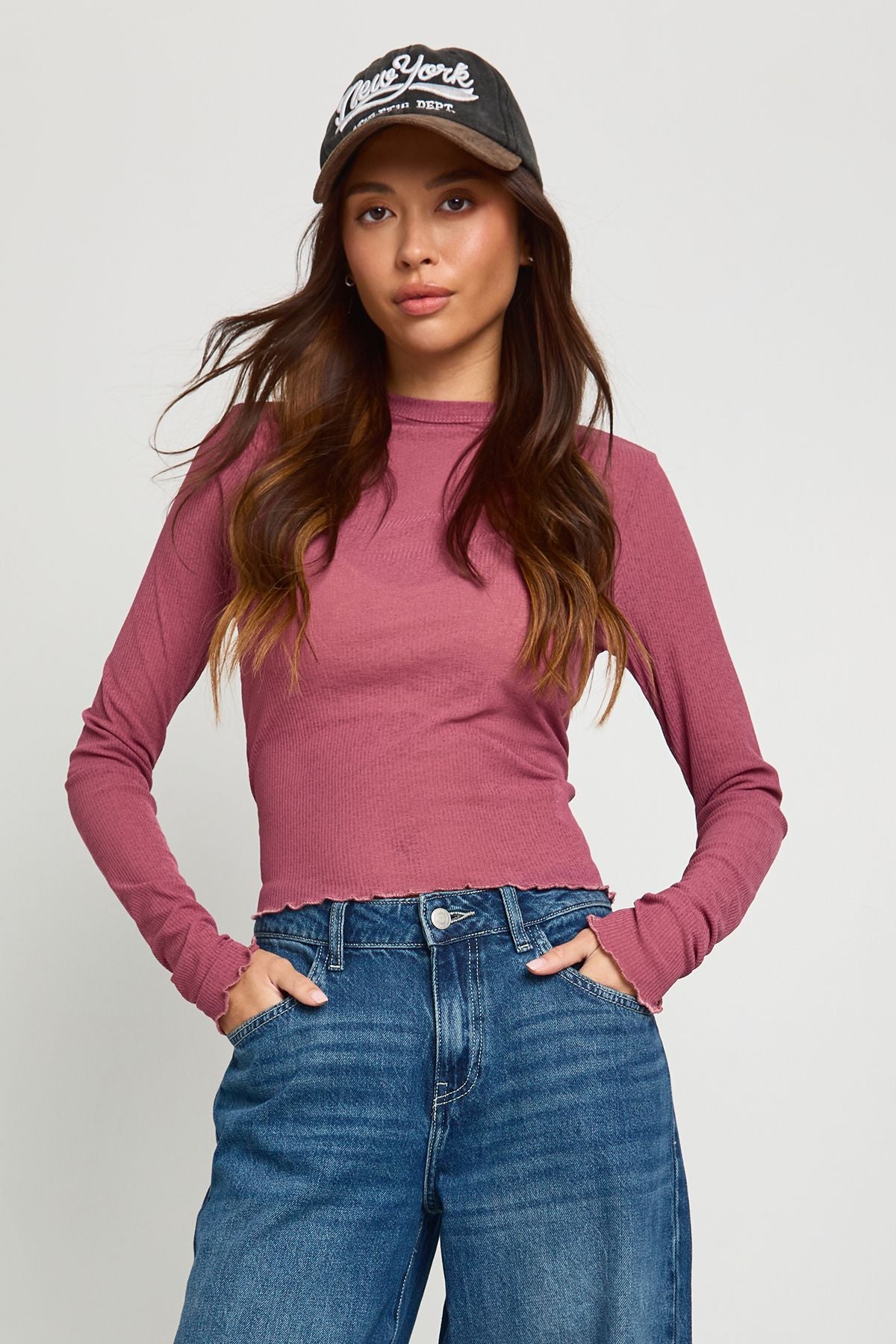 Ribbed Textured Mesh Long Sleeve Top