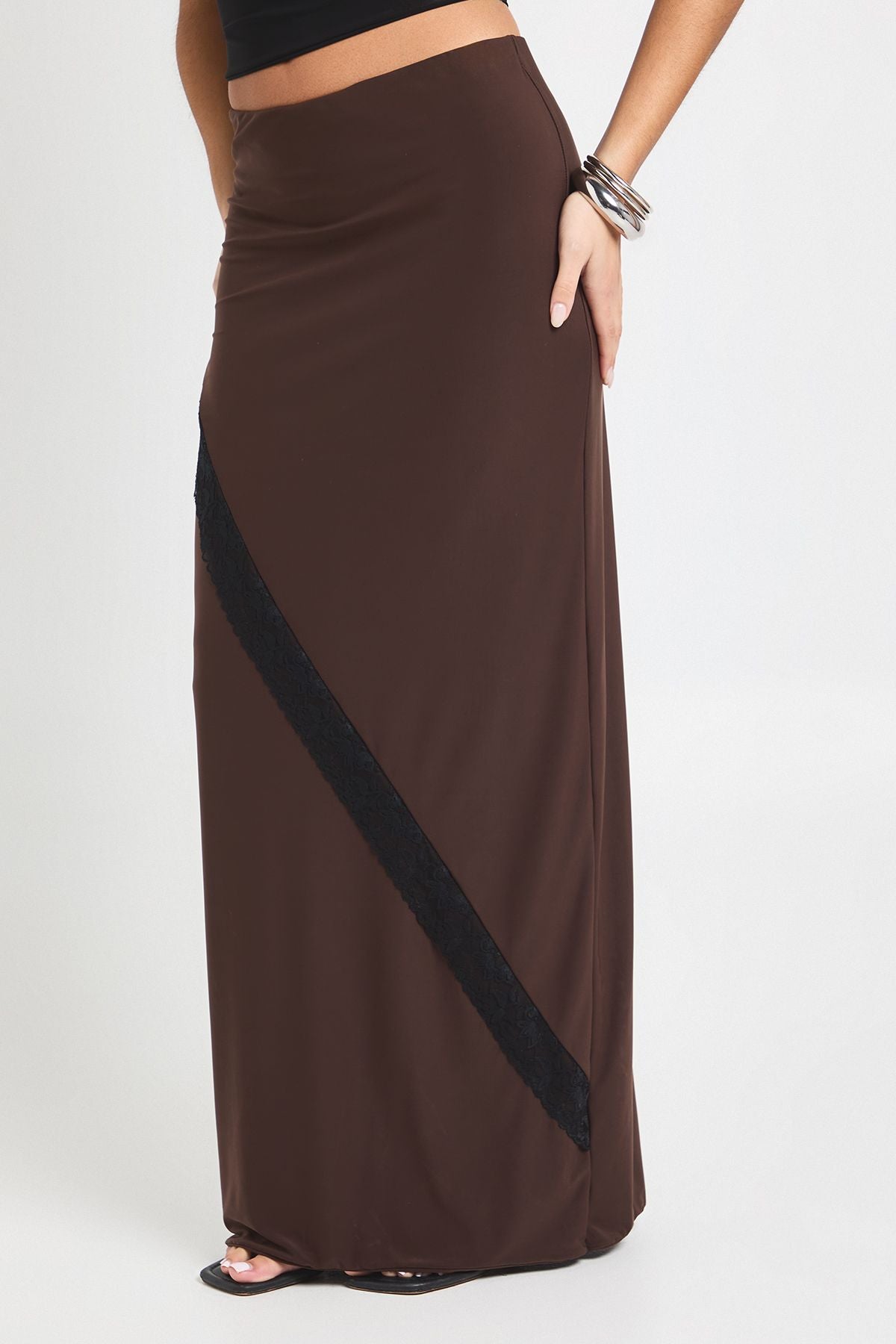 Double Layer Slinky Lace Trim Midi Skirt