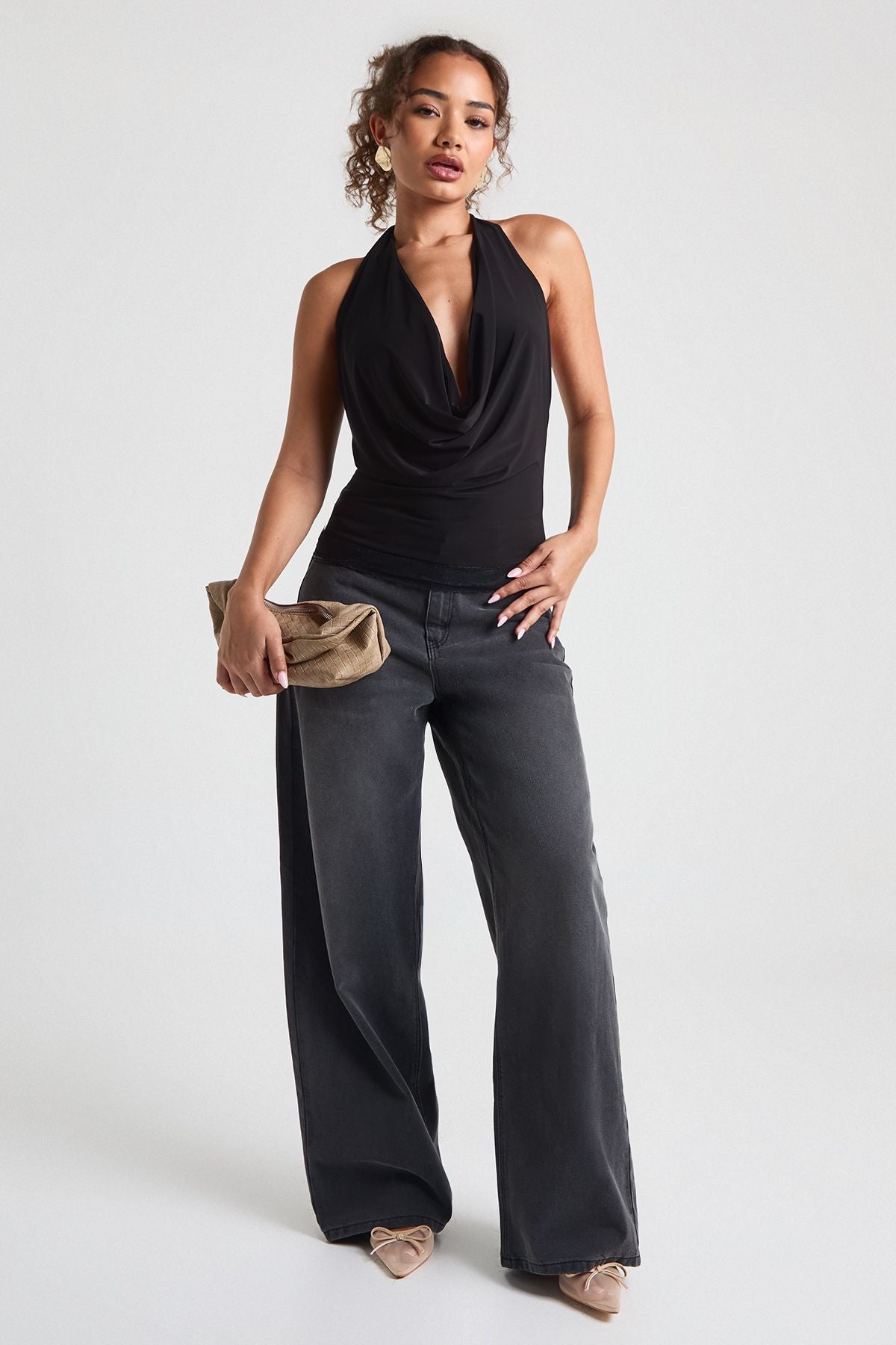 Double Layer Slinky Cowl Neck Lace Trim Top