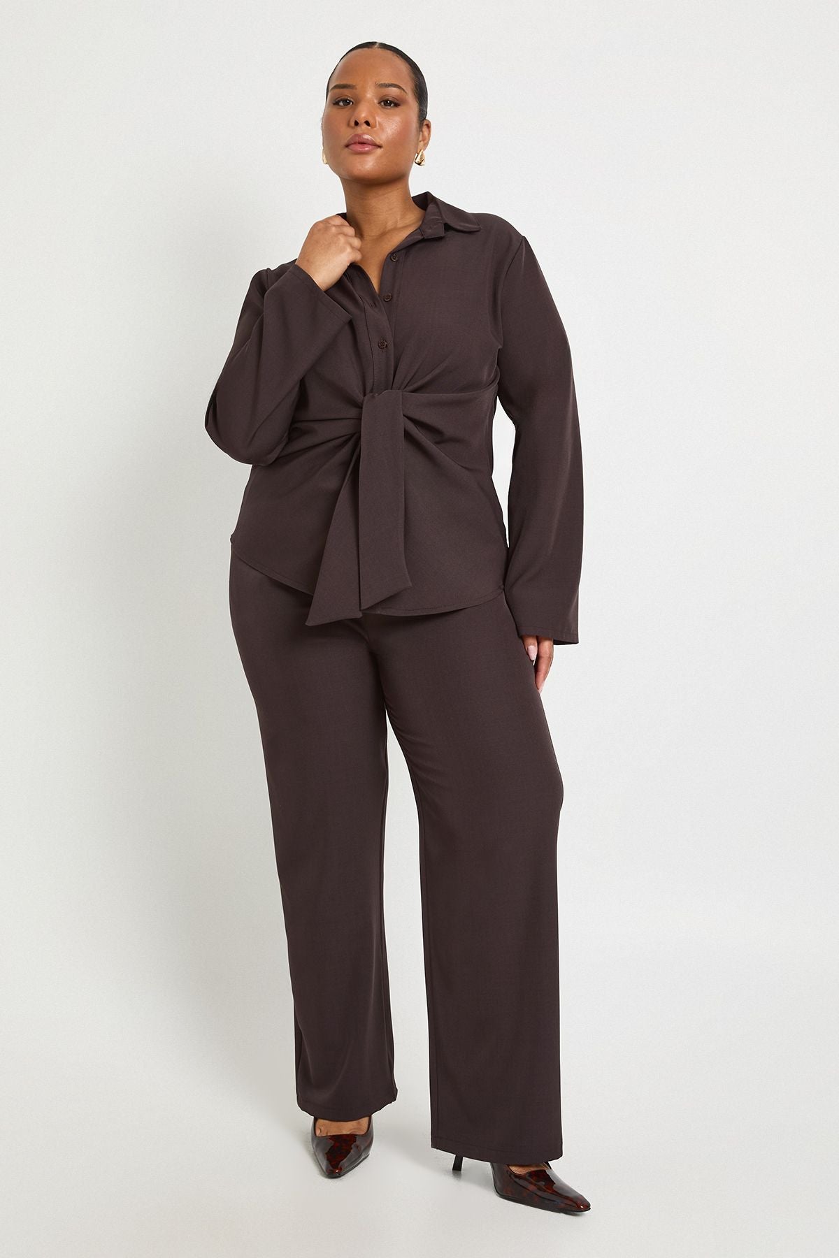 Plus Tied Front Woven Shirt And Wide Leg Trouser